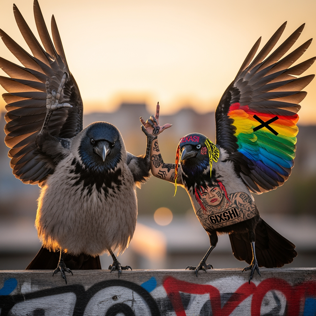 AI Design for photo of 2 crows holding gangs signs one is fat and other one is in 69tekashi vibes