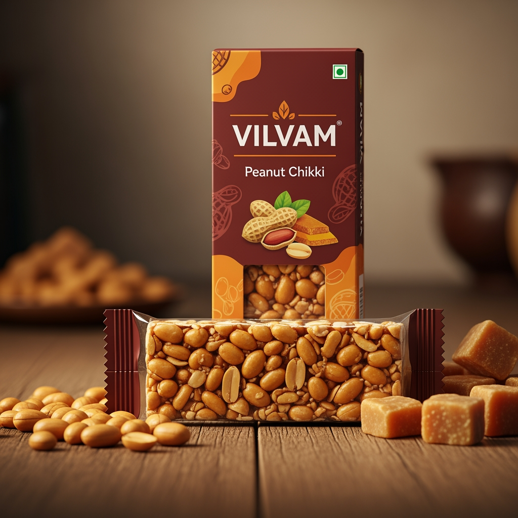AI Design for FMCG brand named "VILVAM," which specializes in
Peanut Chikki.