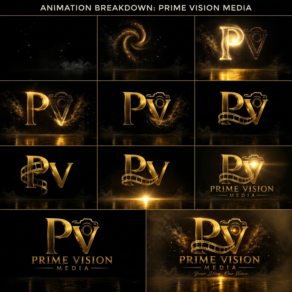 AI Design for Golden particles on a black background
Particles swirling into a logo shape
Metallic PV logo beginning to form
Camera icon appearing
Film strip wrapping around the logo
Cinematic smoke and lighting
PRIME VISION MEDIA text reveal
Your Story. Our Vision. tagline
Final luxury gold logo with lens flare