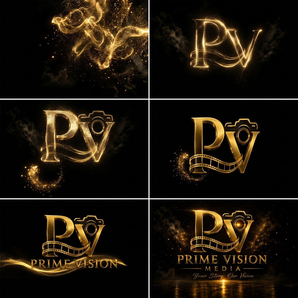 AI Design for Golden particles on a black background
Particles swirling into a logo shape
Metallic PV logo beginning to form
Camera icon appearing
Film strip wrapping around the logo
Cinematic smoke and lighting
PRIME VISION MEDIA text reveal
Your Story. Our Vision. tagline
Final luxury gold logo with lens flare