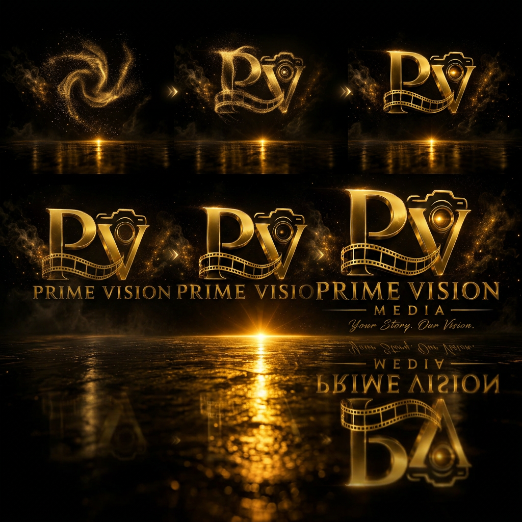 AI Design for Golden particles on a black background
Particles swirling into a logo shape
Metallic PV logo beginning to form
Camera icon appearing
Film strip wrapping around the logo
Cinematic smoke and lighting
PRIME VISION MEDIA text reveal
Your Story. Our Vision. tagline
Final luxury gold logo with lens flare