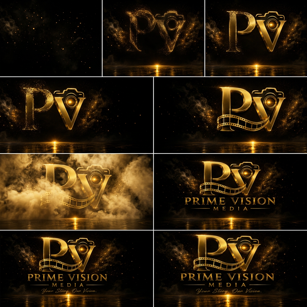 AI Design for Golden particles on a black background
Particles swirling into a logo shape
Metallic PV logo beginning to form
Camera icon appearing
Film strip wrapping around the logo
Cinematic smoke and lighting
PRIME VISION MEDIA text reveal
Your Story. Our Vision. tagline
Final luxury gold logo with lens flare