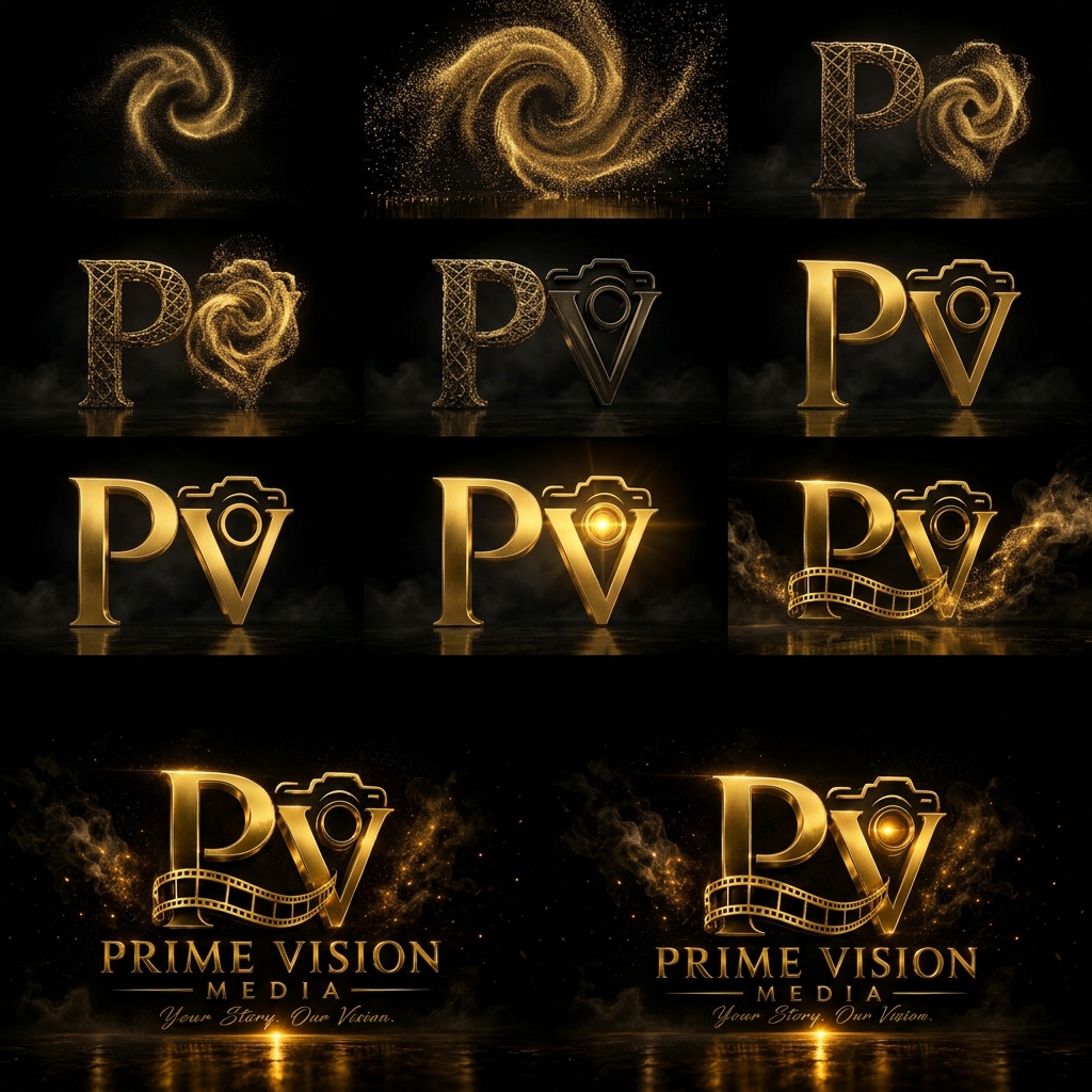 AI Design for Golden particles on a black background
Particles swirling into a logo shape
Metallic PV logo beginning to form
Camera icon appearing
Film strip wrapping around the logo
Cinematic smoke and lighting
PRIME VISION MEDIA text reveal
Your Story. Our Vision. tagline
Final luxury gold logo with lens flare