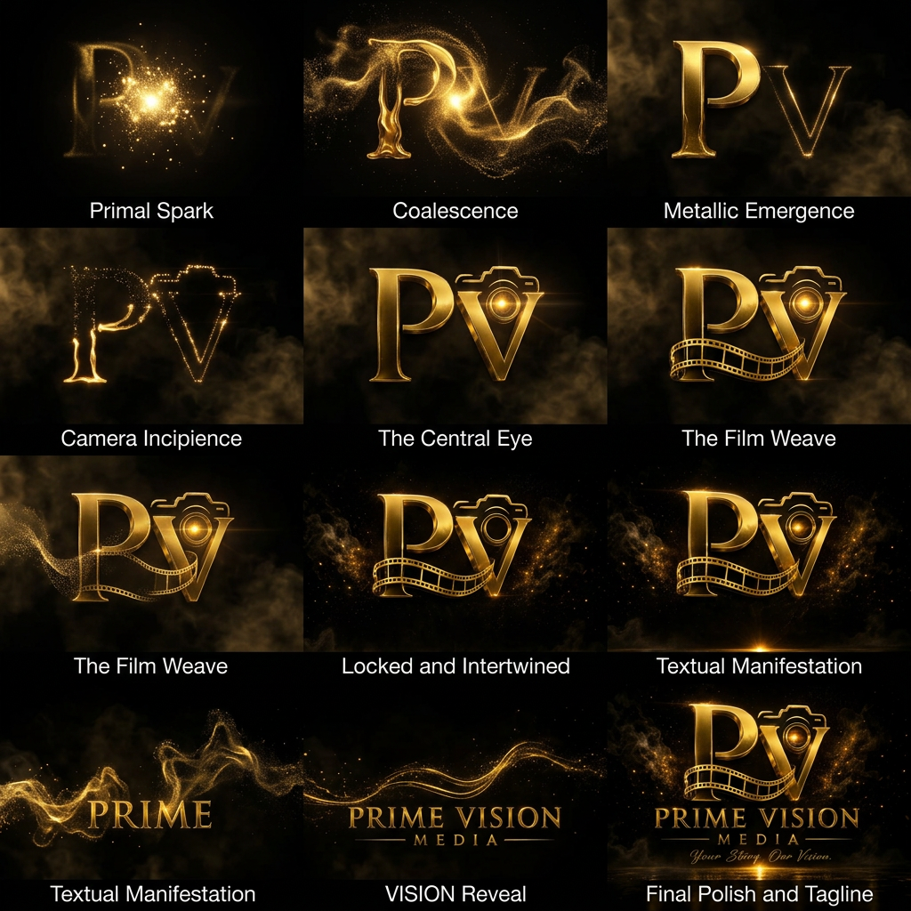 AI Design for Golden particles on a black background
Particles swirling into a logo shape
Metallic PV logo beginning to form
Camera icon appearing
Film strip wrapping around the logo
Cinematic smoke and lighting
PRIME VISION MEDIA text reveal
Your Story. Our Vision. tagline
Final luxury gold logo with lens flare
