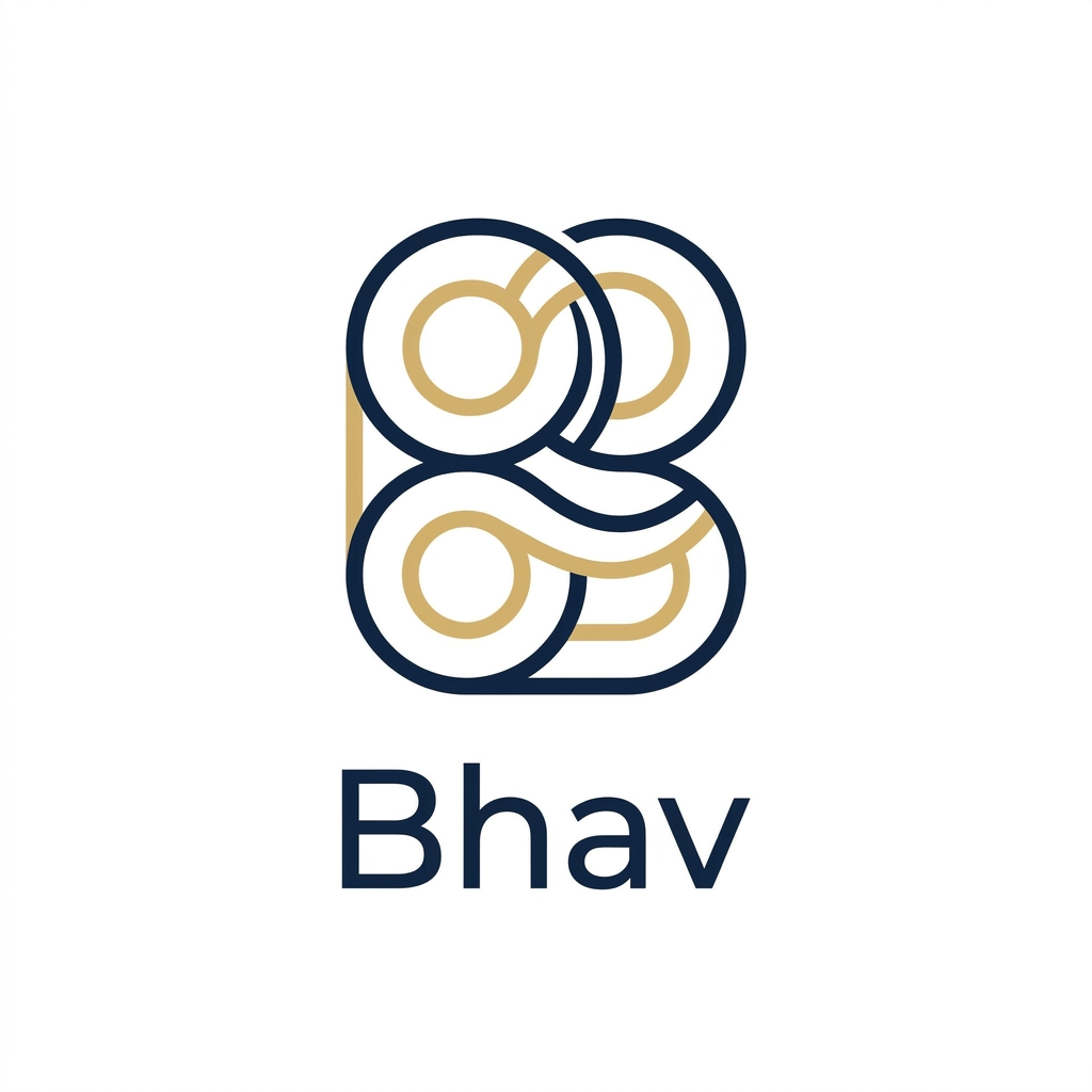 AI Design for A modern, minimalist logo design for an app called Bhav, featuring a clean geometric symbol representing balance and flow. Use a sophisticated color palette of deep navy and soft gold against a crisp white background, with high-end vector aesthetics, balanced composition, and a professional, premium feel.