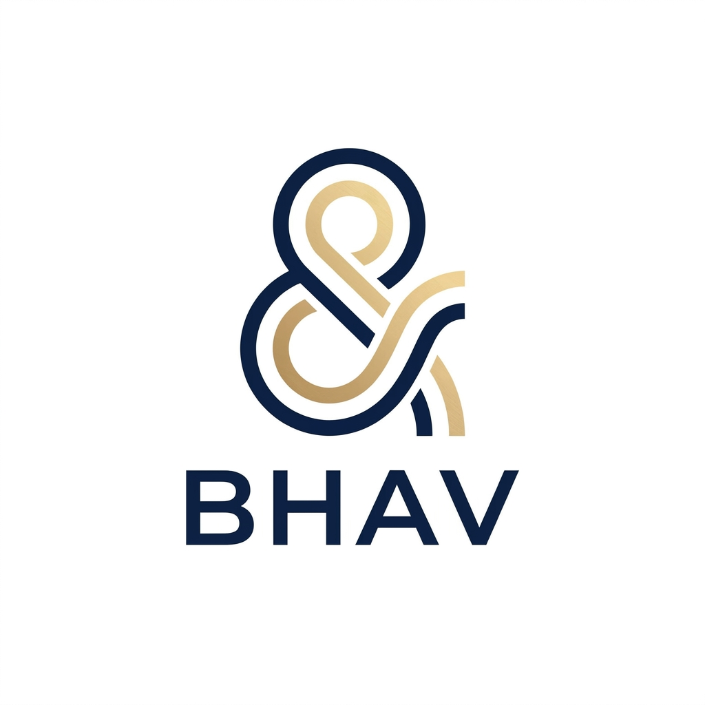 AI Design for A modern, minimalist logo design for an app called Bhav, featuring a clean geometric symbol representing balance and flow. Use a sophisticated color palette of deep navy and soft gold against a crisp white background, with high-end vector aesthetics, balanced composition, and a professional, premium feel.