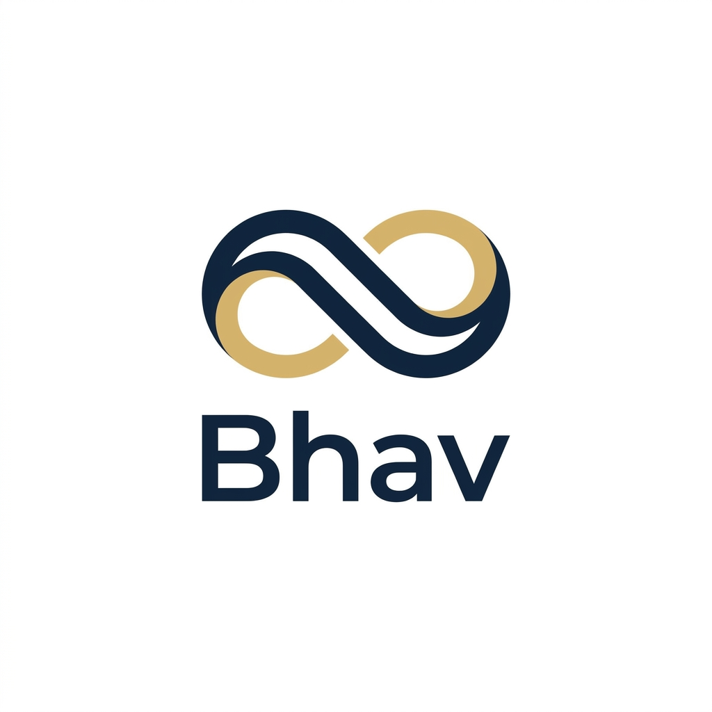 AI Design for A modern, minimalist logo design for an app called Bhav, featuring a clean geometric symbol representing balance and flow. Use a sophisticated color palette of deep navy and soft gold against a crisp white background, with high-end vector aesthetics, balanced composition, and a professional, premium feel.