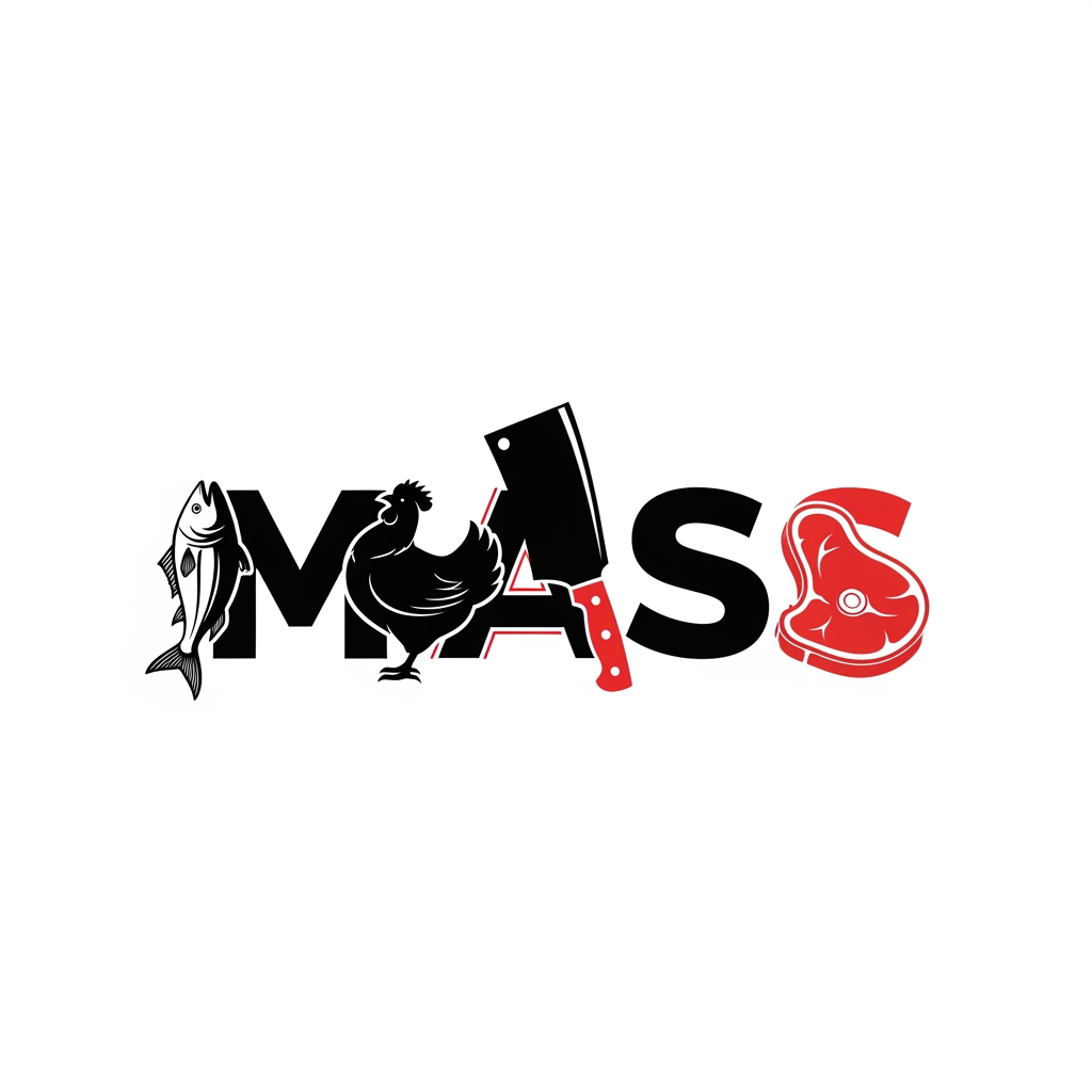 AI Design for Modern professional butcher shop logo, MASS wordmark, each letter customized: M shaped with fish silhouette, A formed from butcher cleaver knife, first S integrated with chicken silhouette, last S integrated with premium steak cut, bold typography, clean vector logo, minimal design, black and red color palette, strong branding, high contrast, sharp edges, restaurant quality branding, butcher market identity, scalable vector, white background, no mockup, no 3D, no shadows, no text distortion, premium commercial logo
