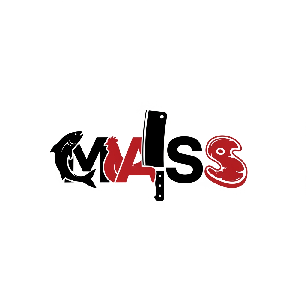 AI Design for Modern professional butcher shop logo, MASS wordmark, each letter customized: M shaped with fish silhouette, A formed from butcher cleaver knife, first S integrated with chicken silhouette, last S integrated with premium steak cut, bold typography, clean vector logo, minimal design, black and red color palette, strong branding, high contrast, sharp edges, restaurant quality branding, butcher market identity, scalable vector, white background, no mockup, no 3D, no shadows, no text distortion, premium commercial logo