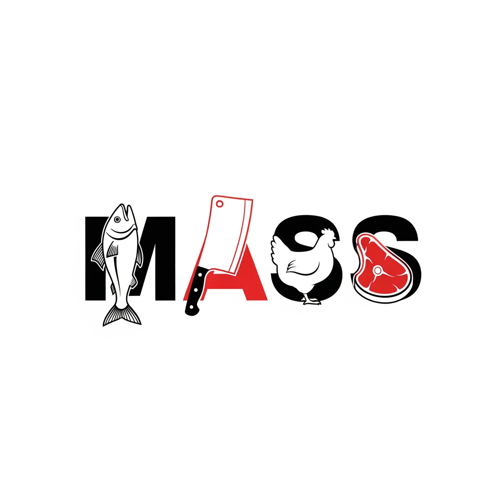 AI Design for Modern professional butcher shop logo, MASS wordmark, each letter customized: M shaped with fish silhouette, A formed from butcher cleaver knife, first S integrated with chicken silhouette, last S integrated with premium steak cut, bold typography, clean vector logo, minimal design, black and red color palette, strong branding, high contrast, sharp edges, restaurant quality branding, butcher market identity, scalable vector, white background, no mockup, no 3D, no shadows, no text distortion, premium commercial logo