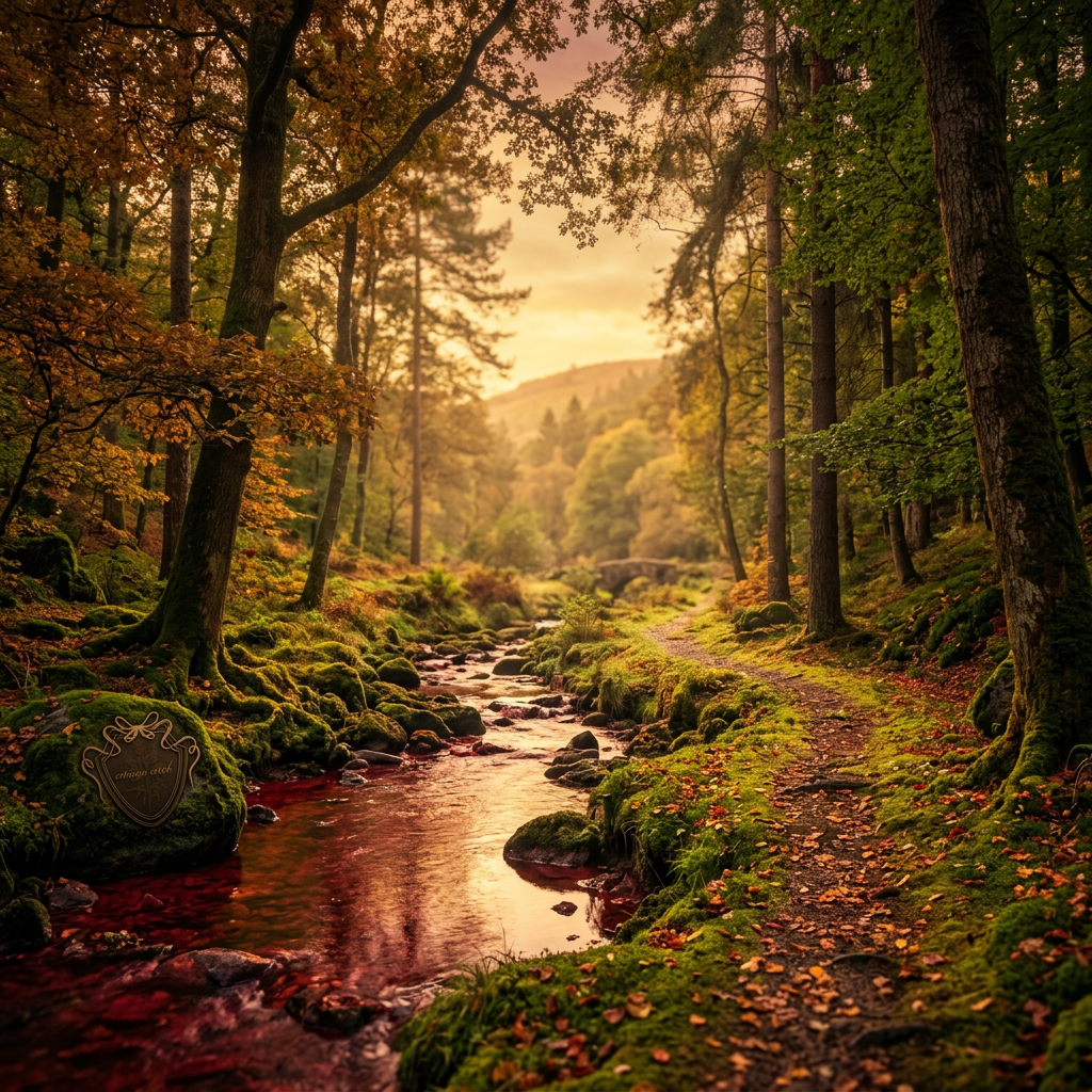 AI Design for The following reference images are provided:
- Reference A corresponds to the attached image for the asset "crimson creek".

User request:
crimson creek A breathtaking cinematic landscape of crimson creek at golden hour, featuring a vibrant crimson-tinted stream winding through a lush, moss-covered temperate forest. Soft, ethereal sunlight filters through the canopy, creating a dreamy atmosphere with high-contrast textures, rich earthy tones, and a shallow depth of field.