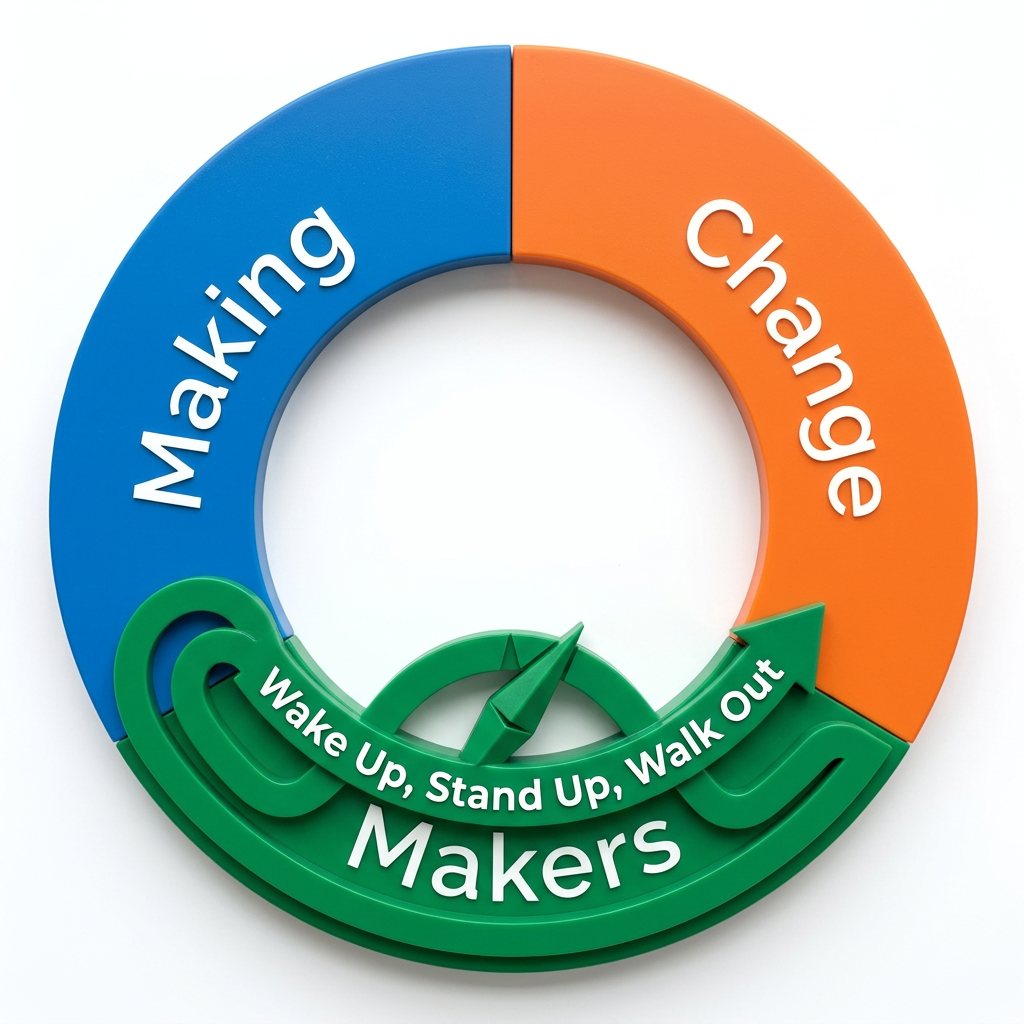 AI Design for I want a logo that say Making Change Makers. I also want a tagline bearing "Wake Up, Stand Up, Walk Out. I want the tagline horizontal right on the top of the green bending like arrow with a design that will look a logo.