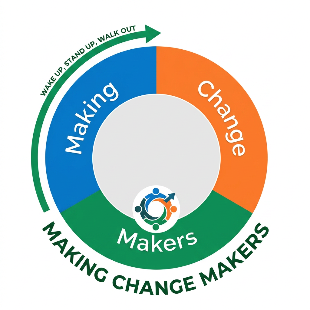 AI Design for I want a logo that say Making Change Makers. I also want a tagline bearing "Wake Up, Stand Up, Walk Out. I want the tagline horizontal right on the top of the green bending like arrow with a design that will look a logo.