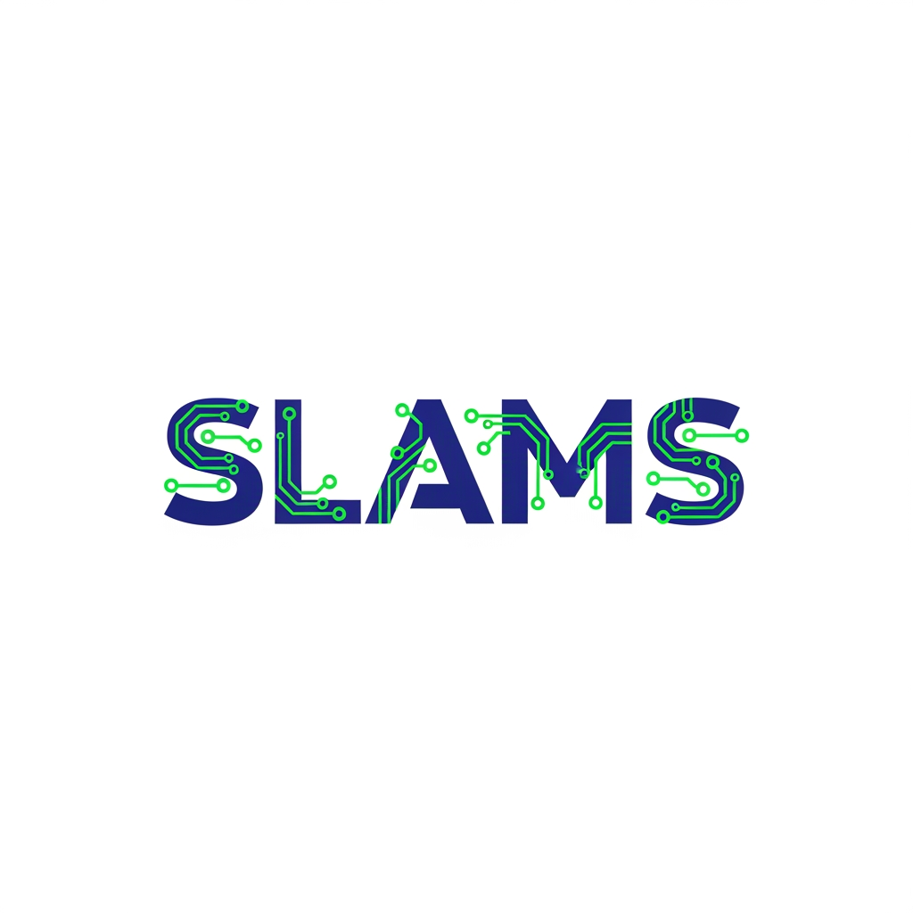 AI Design for A minimalist and professional logo for an IT brand named 'Slams'. Bold, geometric sans-serif typography in deep professional blue. Vibrant electric green circuit board lines weave through and connect the letters. High contrast, clean vector style, white background."