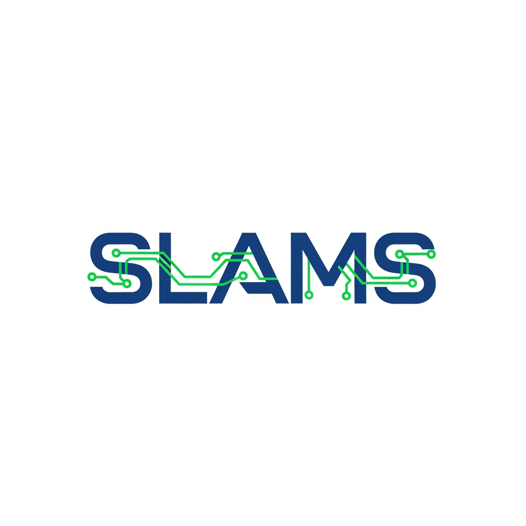 AI Design for A minimalist and professional logo for an IT brand named 'Slams'. Bold, geometric sans-serif typography in deep professional blue. Vibrant electric green circuit board lines weave through and connect the letters. High contrast, clean vector style, white background."