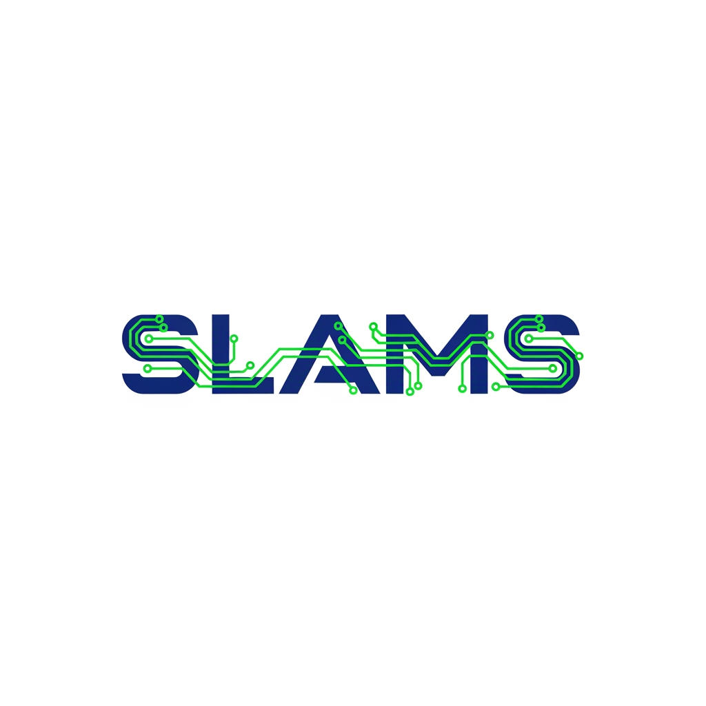 AI Design for A minimalist and professional logo for an IT brand named 'Slams'. Bold, geometric sans-serif typography in deep professional blue. Vibrant electric green circuit board lines weave through and connect the letters. High contrast, clean vector style, white background."