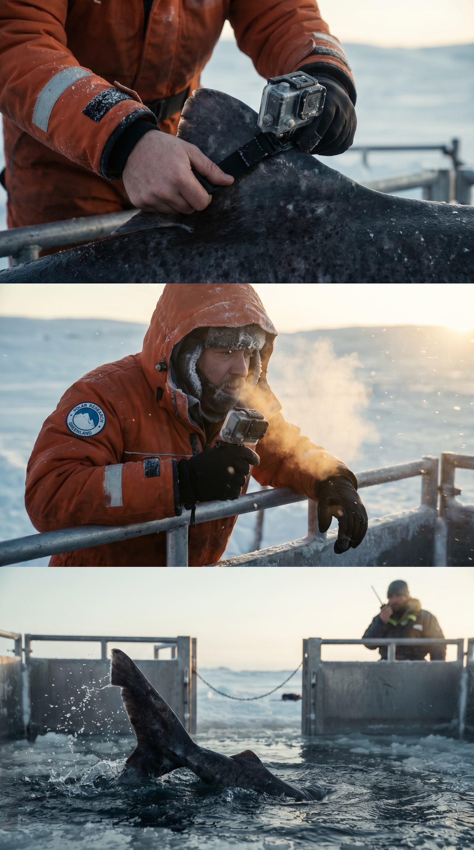 AI Design for Ultra realistic cinematic documentary footage at a remote Greenland Arctic research station beside a frozen fjord. A marine biologist wearing a heavy cold-weather suit carefully attaches a small action camera to the dorsal area of a large shark resting in a partially submerged holding enclosure. Extreme close-up shots of gloved hands tightening straps, frost particles blowing across metal equipment, water droplets freezing on the camera housing. Natural handheld camera movement, realistic breathing sounds, distant ice cracking, seabirds echoing in the background. Researchers communicate through radios while preparing the release. The shark slowly moves into open water as the gate opens. Cinematic environmental storytelling, dynamic shadows from low Arctic sunlight, volumetric light through drifting snow, realistic physics, suspenseful documentary atmosphere, ultra detailed 8K realism.