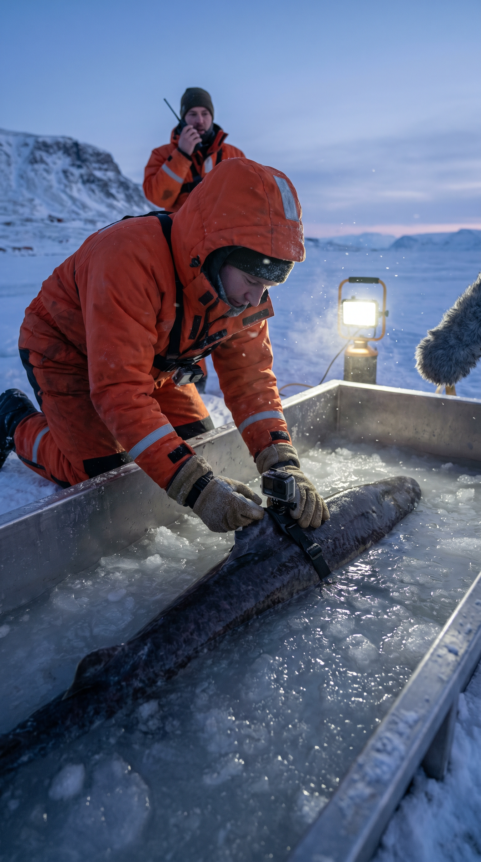 AI Design for Ultra realistic cinematic documentary footage at a remote Greenland Arctic research station beside a frozen fjord. A marine biologist wearing a heavy cold-weather suit carefully attaches a small action camera to the dorsal area of a large shark resting in a partially submerged holding enclosure. Extreme close-up shots of gloved hands tightening straps, frost particles blowing across metal equipment, water droplets freezing on the camera housing. Natural handheld camera movement, realistic breathing sounds, distant ice cracking, seabirds echoing in the background. Researchers communicate through radios while preparing the release. The shark slowly moves into open water as the gate opens. Cinematic environmental storytelling, dynamic shadows from low Arctic sunlight, volumetric light through drifting snow, realistic physics, suspenseful documentary atmosphere, ultra detailed 8K realism.
