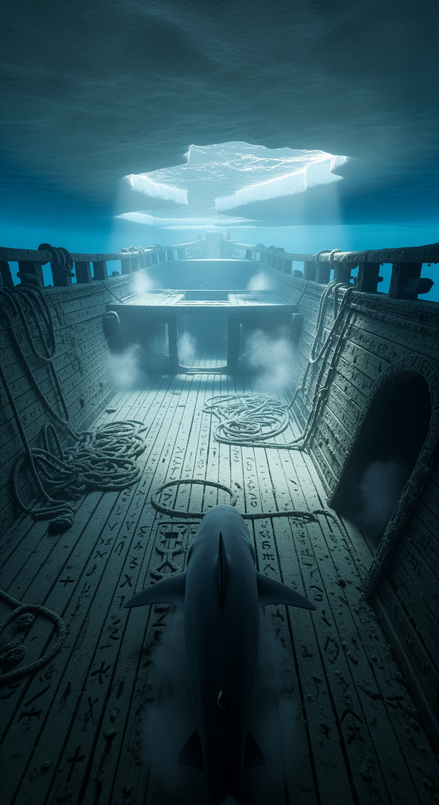 AI Design for The ancient shipwreck is fully revealed. A massive thousand-year-old vessel rests beneath the Greenland ice, astonishingly intact. First-person shark perspective circles the wreck. Detailed close-up passes along weathered wooden planks, ancient carvings, frozen ropes, and mysterious symbols preserved by the Arctic cold. Light beams penetrate cracks in the ice above, casting moving shadows across the ship. Realistic underwater physics, drifting sediment clouds, subtle camera sway, cinematic discovery moment. The shark moves toward a large opening in the hull where complete darkness waits inside.