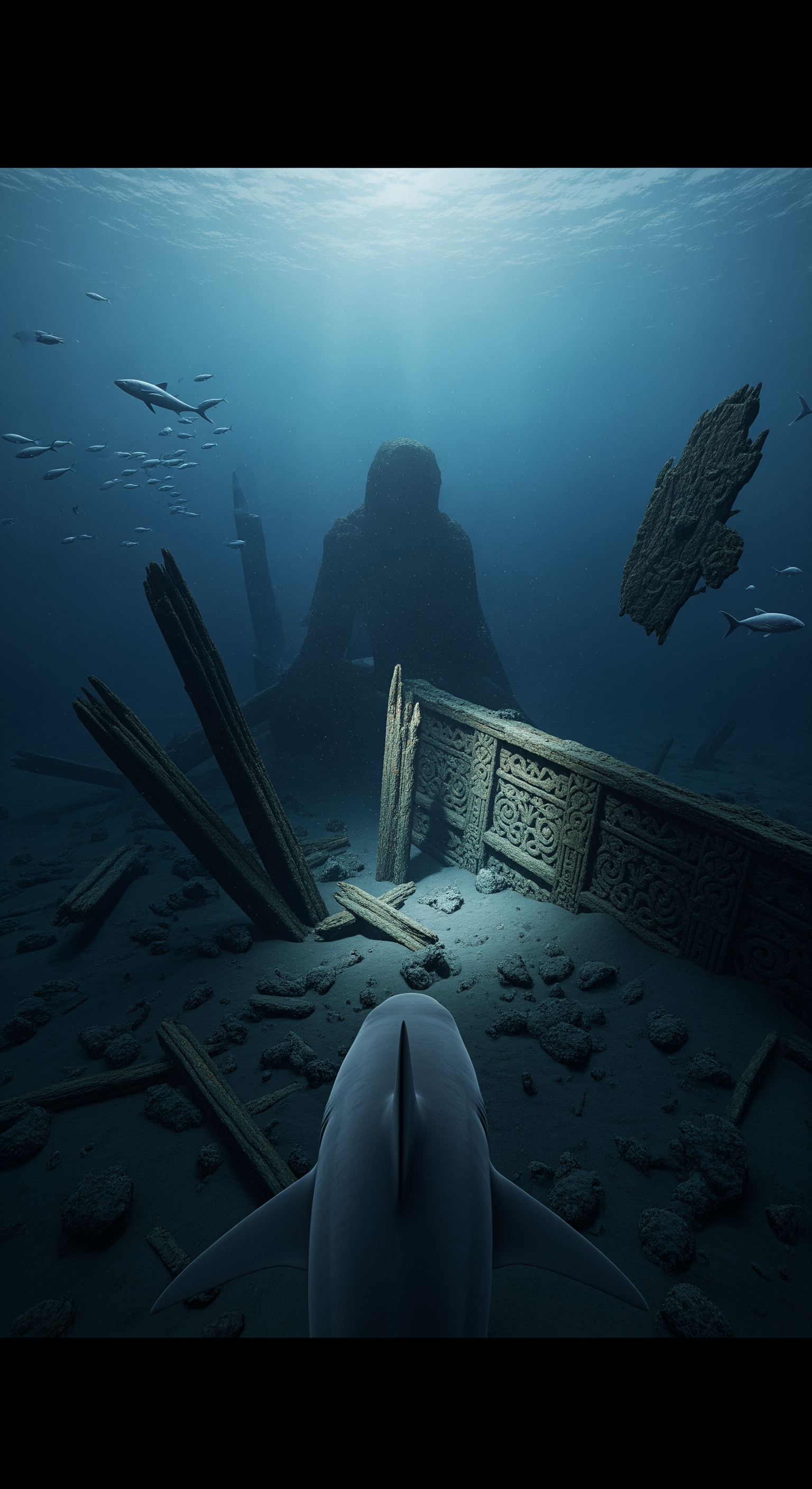AI Design for The shark notices an unnatural shape far ahead in the darkness. First-person view slowly approaches a strange silhouette partially buried beneath centuries of ice and sediment. Broken wooden beams emerge from the seabed where no structure should exist. Fish avoid the area. Water becomes darker and eerily still. Floating debris appears impossibly preserved. Wide-angle GoPro distortion emphasizes scale and mystery. Volumetric light briefly reveals carved wooden details before fading again. Environmental storytelling suggests extreme age and hidden history. Tension sharply increases.