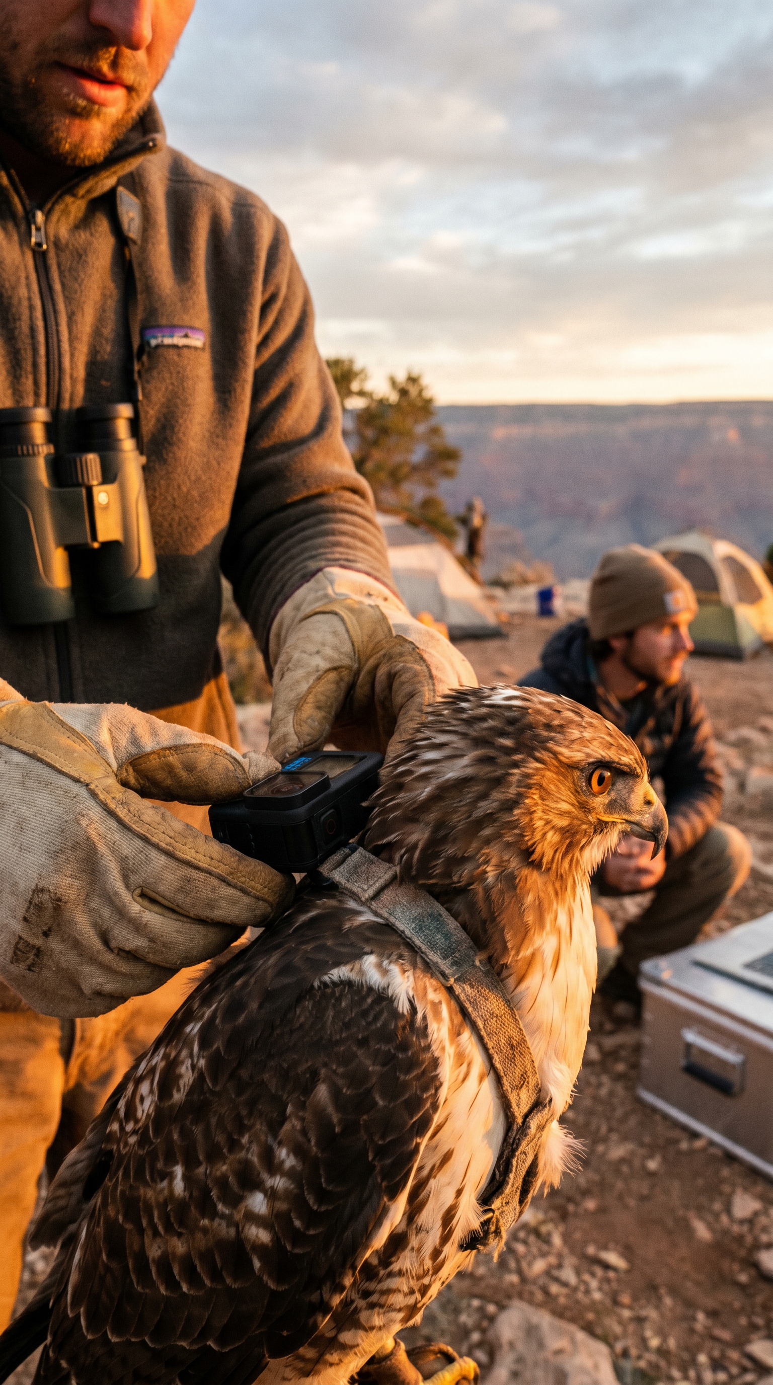 AI Design for Ultra-realistic cinematic wildlife documentary. Early morning at a remote desert research station on the rim of the Grand Canyon. A wildlife researcher carefully secures a small action camera onto the chest harness of a large hawk. Close-up shots of gloved hands tightening straps, feathers moving in the wind, blinking hawk eyes reflecting sunrise light. Natural handheld camera movement, shallow depth of field, realistic fabric and feather physics. Researchers quietly communicate in the background. Ambient sounds of wind, distant canyon echoes, equipment clicks, and bird calls. The hawk spreads its wings as the researcher gently releases it from an elevated platform. Dramatic takeoff toward the canyon. Volumetric sunlight, dynamic shadows, cinematic realism, documentary style.
