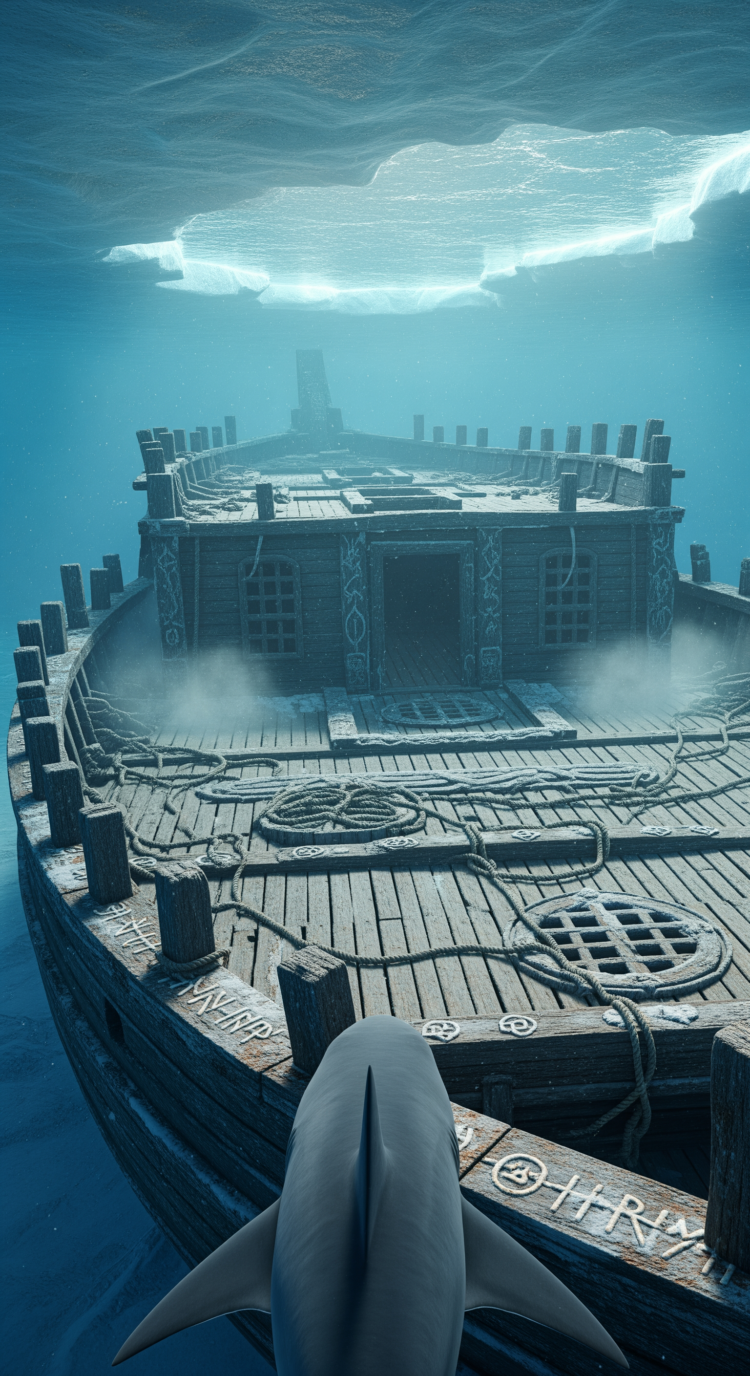 AI Design for The ancient shipwreck is fully revealed. A massive thousand-year-old vessel rests beneath the Greenland ice, astonishingly intact. First-person shark perspective circles the wreck. Detailed close-up passes along weathered wooden planks, ancient carvings, frozen ropes, and mysterious symbols preserved by the Arctic cold. Light beams penetrate cracks in the ice above, casting moving shadows across the ship. Realistic underwater physics, drifting sediment clouds, subtle camera sway, cinematic discovery moment. The shark moves toward a large opening in the hull where complete darkness waits inside.
