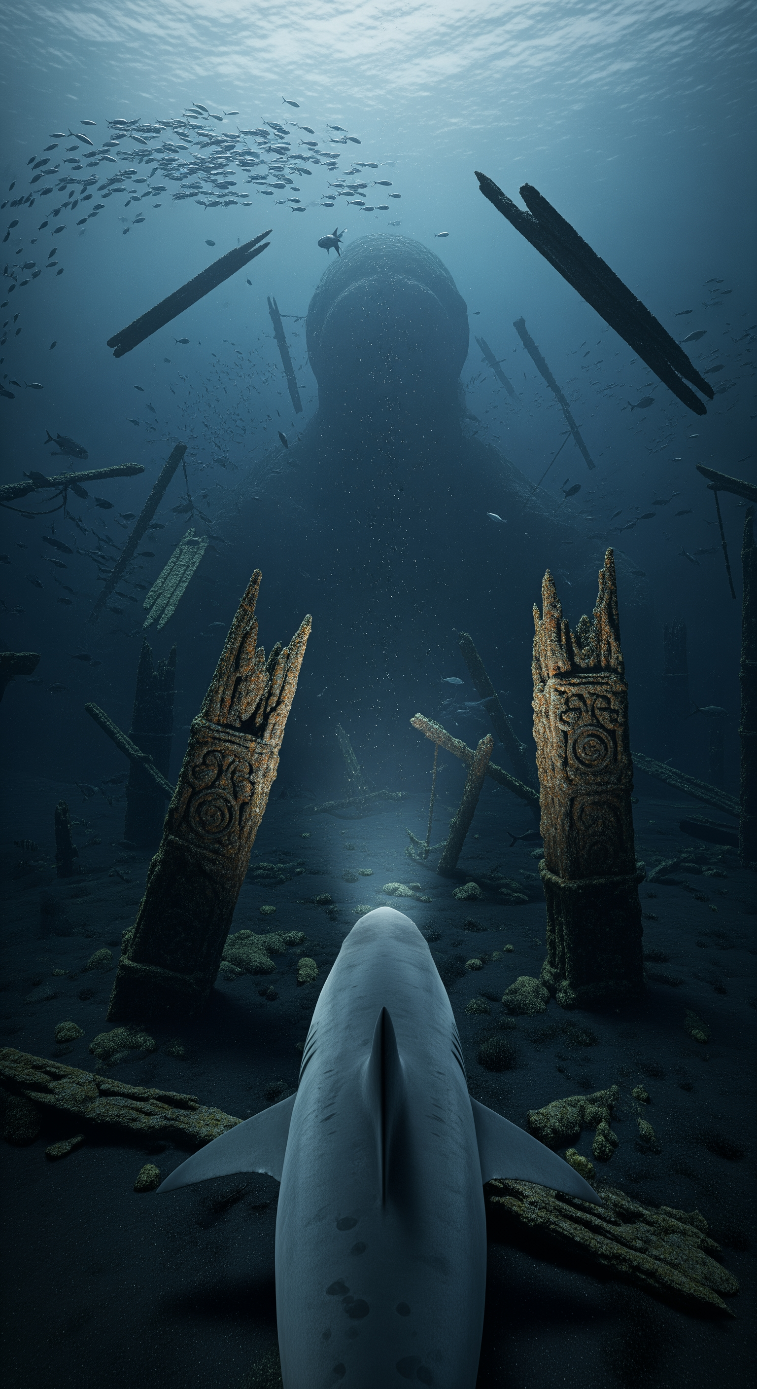 AI Design for The shark notices an unnatural shape far ahead in the darkness. First-person view slowly approaches a strange silhouette partially buried beneath centuries of ice and sediment. Broken wooden beams emerge from the seabed where no structure should exist. Fish avoid the area. Water becomes darker and eerily still. Floating debris appears impossibly preserved. Wide-angle GoPro distortion emphasizes scale and mystery. Volumetric light briefly reveals carved wooden details before fading again. Environmental storytelling suggests extreme age and hidden history. Tension sharply increases.