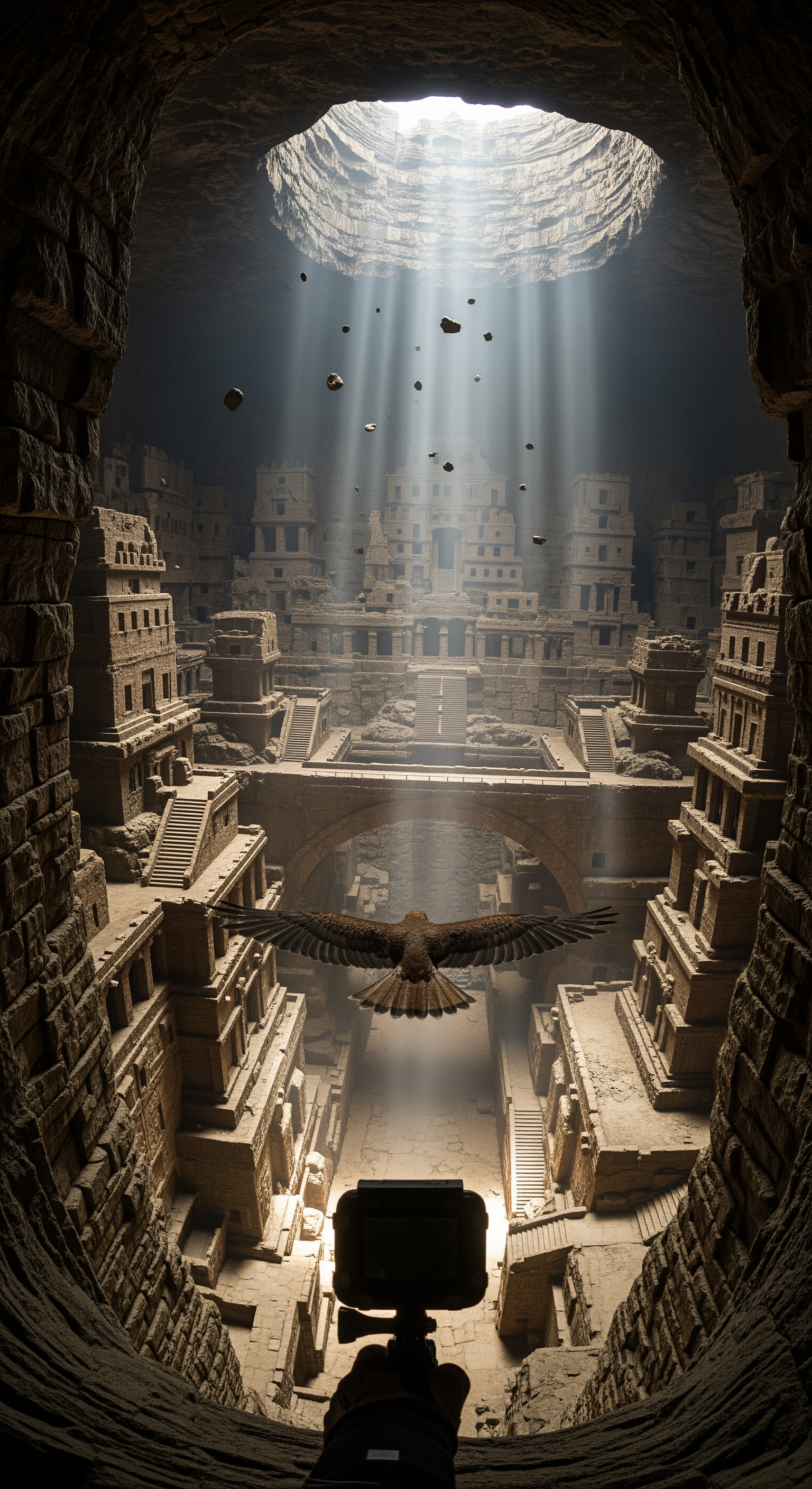 AI Design for Full first-person hawk GoPro perspective. The hawk flies directly through the concealed entrance into a colossal underground cave city. Vast stone towers, bridges, terraces, and forgotten plazas stretch into darkness. Wide-angle lens exaggerates scale and speed. Light rays illuminate ancient architecture covered with centuries of dust. The camera glides between gigantic structures. Small rock fragments fall naturally from ceilings. Echoes bounce through enormous chambers. Realistic physics, immersive documentary style. The scale of the lost civilization becomes fully visible for the first time, creating a breathtaking reveal.