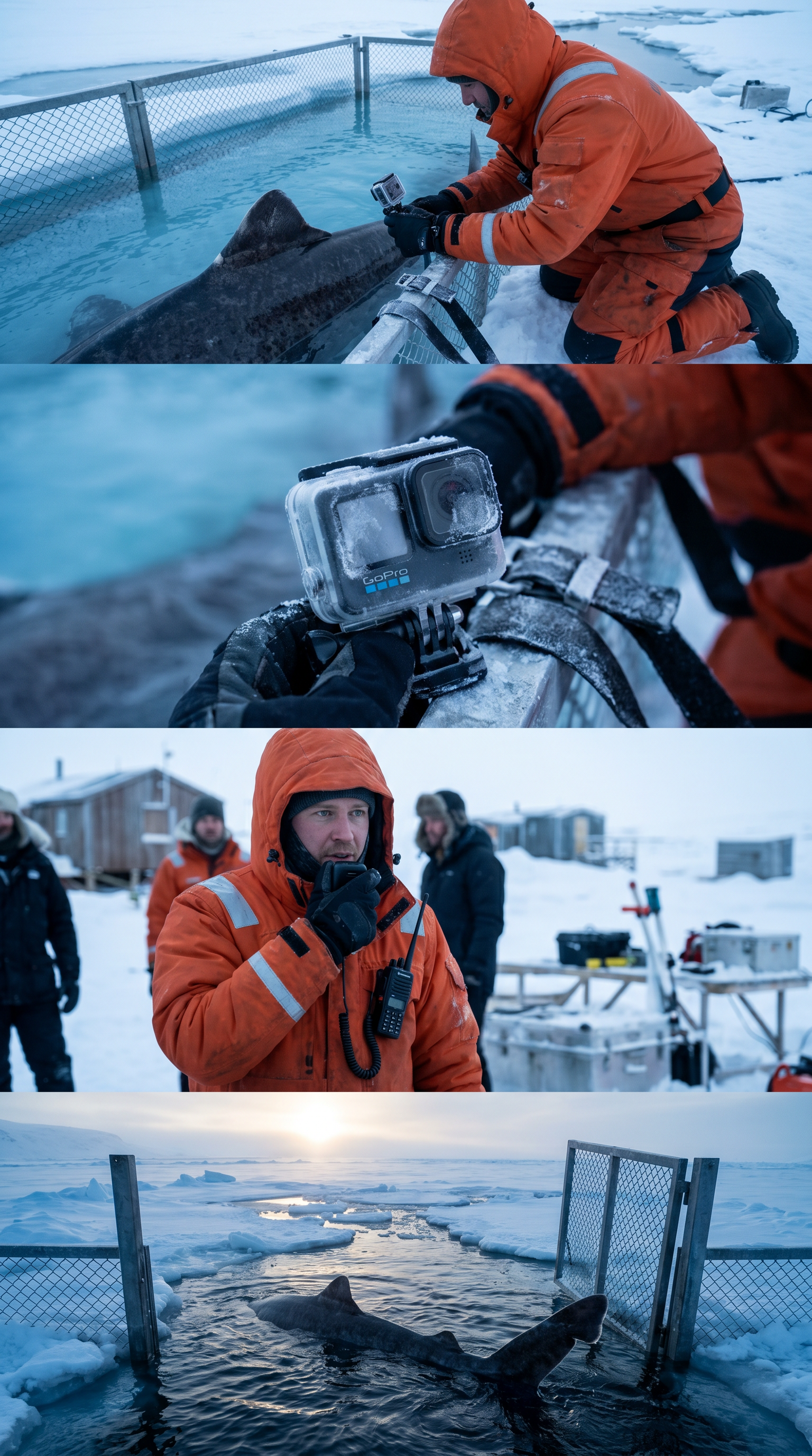AI Design for Ultra realistic cinematic documentary footage at a remote Greenland Arctic research station beside a frozen fjord. A marine biologist wearing a heavy cold-weather suit carefully attaches a small action camera to the dorsal area of a large shark resting in a partially submerged holding enclosure. Extreme close-up shots of gloved hands tightening straps, frost particles blowing across metal equipment, water droplets freezing on the camera housing. Natural handheld camera movement, realistic breathing sounds, distant ice cracking, seabirds echoing in the background. Researchers communicate through radios while preparing the release. The shark slowly moves into open water as the gate opens. Cinematic environmental storytelling, dynamic shadows from low Arctic sunlight, volumetric light through drifting snow, realistic physics, suspenseful documentary atmosphere, ultra detailed 8K realism.
