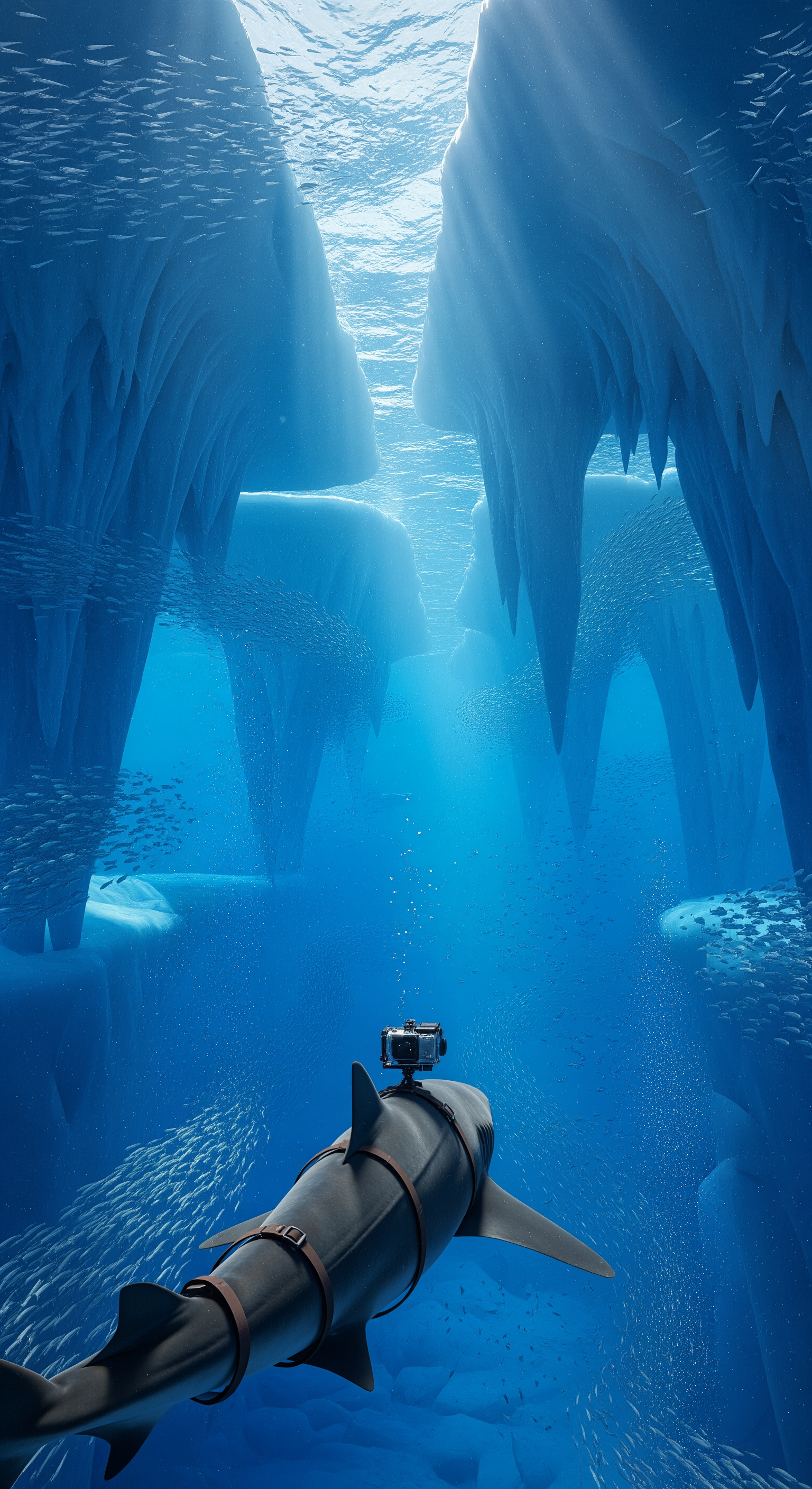 AI Design for Third-person cinematic tracking shot following the shark beneath thick Greenland sea ice. The newly attached camera is visible on its body. Massive blue ice formations hang overhead like frozen cathedrals. The shark glides deeper through crystal-clear Arctic water. Schools of fish scatter naturally. Sunlight filters through cracks in the ice, creating moving shafts of volumetric light. Slow cinematic drone-like underwater movement mixed with realistic underwater currents. Ice groans echo through the environment. Strong sense of scale, realistic aquatic physics, immersive nature documentary style, tension gradually building.