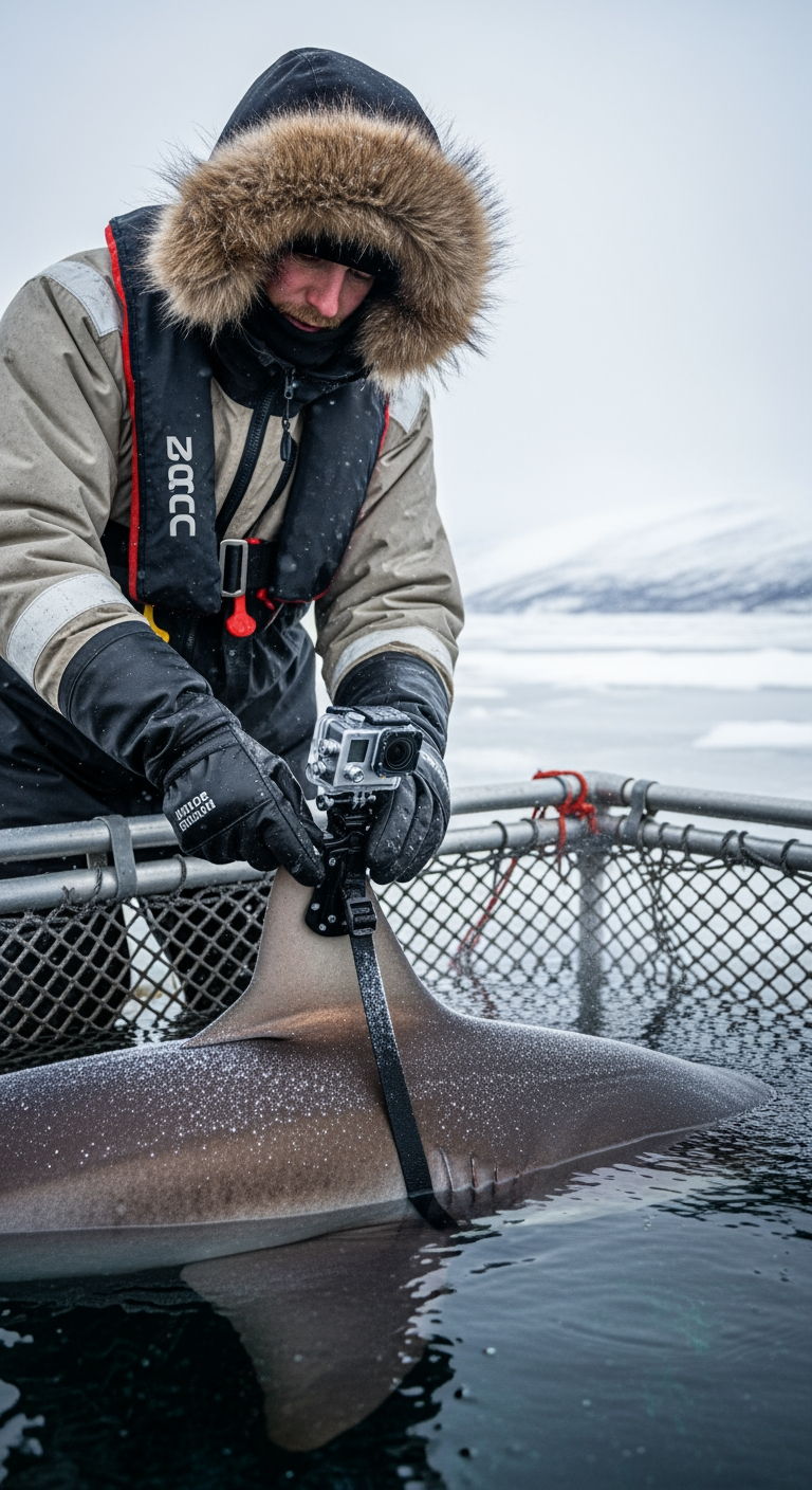 AI Design for Ultra realistic cinematic documentary footage at a remote Greenland Arctic research station beside a frozen fjord. A marine biologist wearing a heavy cold-weather suit carefully attaches a small action camera to the dorsal area of a large shark resting in a partially submerged holding enclosure. Extreme close-up shots of gloved hands tightening straps, frost particles blowing across metal equipment, water droplets freezing on the camera housing. Natural handheld camera movement, realistic breathing sounds, distant ice cracking, seabirds echoing in the background. Researchers communicate through radios while preparing the release. The shark slowly moves into open water as the gate opens. Cinematic environmental storytelling, dynamic shadows from low Arctic sunlight, volumetric light through drifting snow, realistic physics, suspenseful documentary atmosphere, ultra detailed 8K realism.