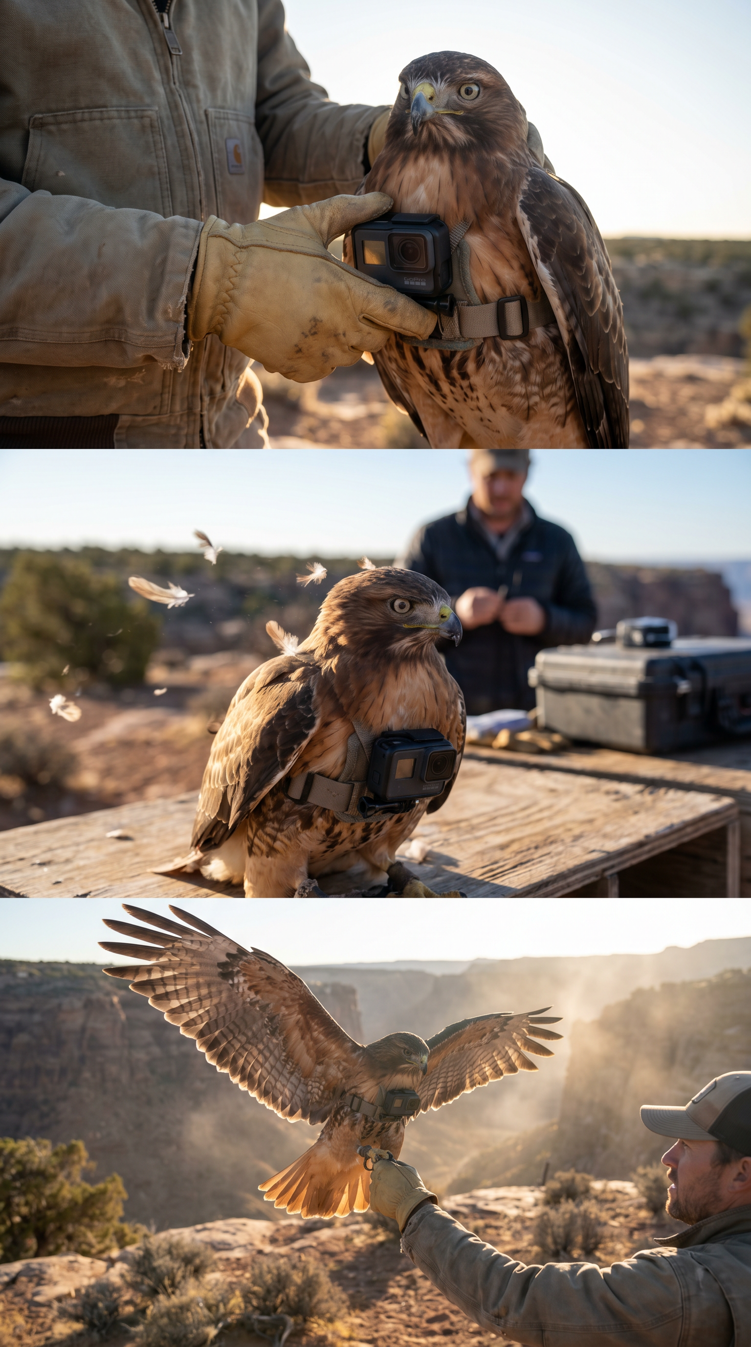 AI Design for Ultra-realistic cinematic wildlife documentary. Early morning at a remote desert research station on the rim of the Grand Canyon. A wildlife researcher carefully secures a small action camera onto the chest harness of a large hawk. Close-up shots of gloved hands tightening straps, feathers moving in the wind, blinking hawk eyes reflecting sunrise light. Natural handheld camera movement, shallow depth of field, realistic fabric and feather physics. Researchers quietly communicate in the background. Ambient sounds of wind, distant canyon echoes, equipment clicks, and bird calls. The hawk spreads its wings as the researcher gently releases it from an elevated platform. Dramatic takeoff toward the canyon. Volumetric sunlight, dynamic shadows, cinematic realism, documentary style.