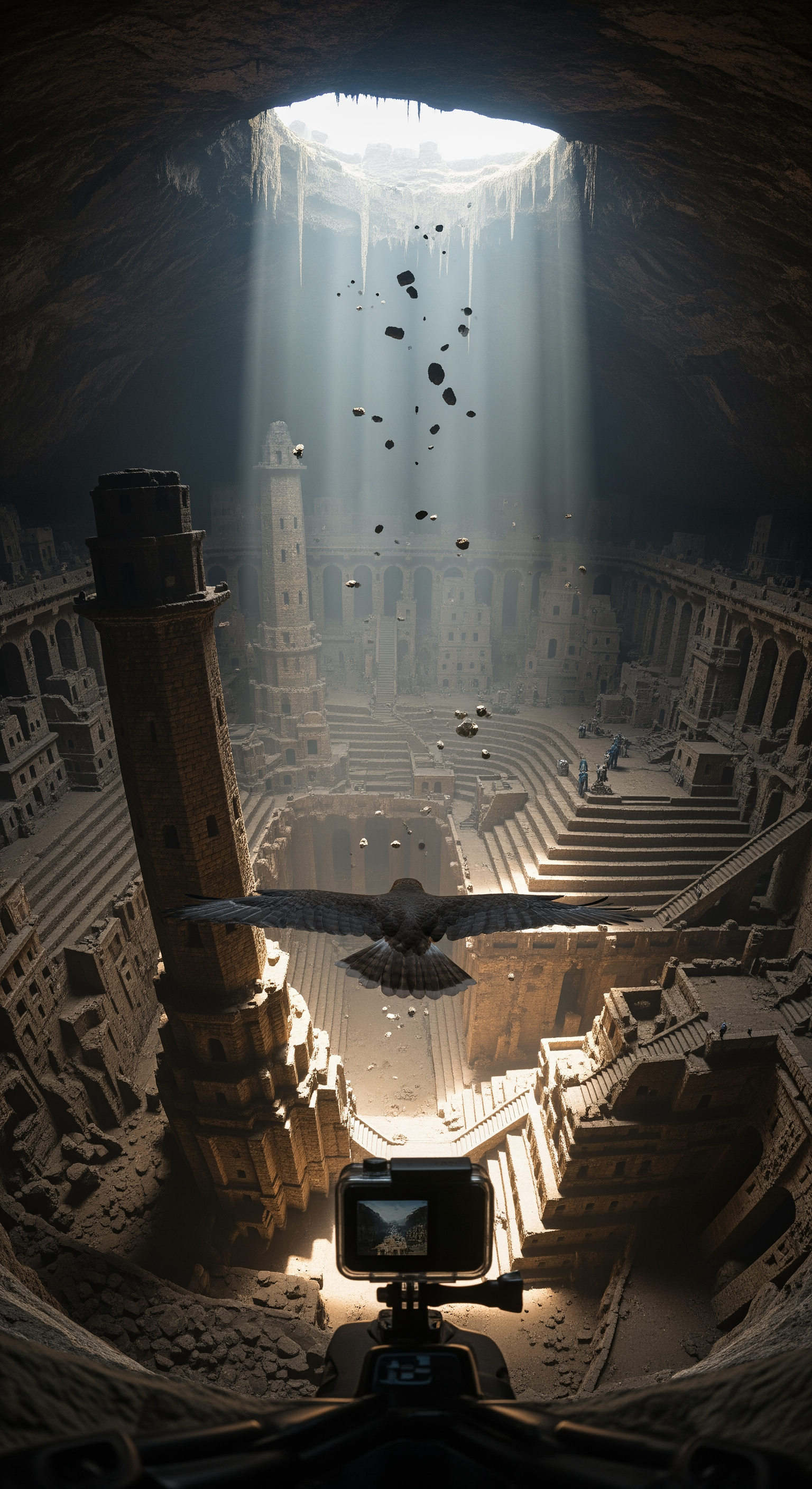 AI Design for Full first-person hawk GoPro perspective. The hawk flies directly through the concealed entrance into a colossal underground cave city. Vast stone towers, bridges, terraces, and forgotten plazas stretch into darkness. Wide-angle lens exaggerates scale and speed. Light rays illuminate ancient architecture covered with centuries of dust. The camera glides between gigantic structures. Small rock fragments fall naturally from ceilings. Echoes bounce through enormous chambers. Realistic physics, immersive documentary style. The scale of the lost civilization becomes fully visible for the first time, creating a breathtaking reveal.