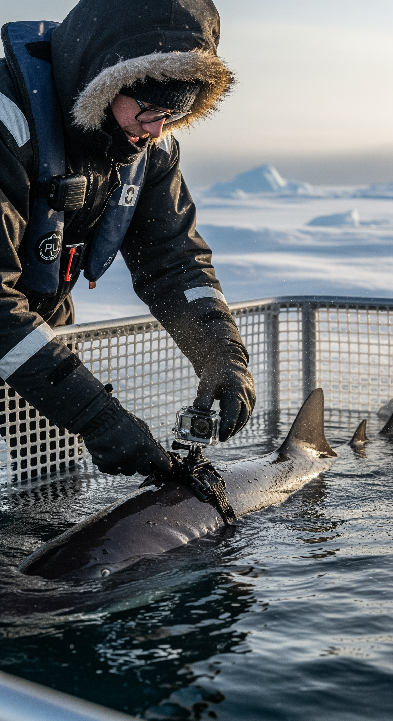 AI Design for Ultra realistic cinematic documentary footage at a remote Greenland Arctic research station beside a frozen fjord. A marine biologist wearing a heavy cold-weather suit carefully attaches a small action camera to the dorsal area of a large shark resting in a partially submerged holding enclosure. Extreme close-up shots of gloved hands tightening straps, frost particles blowing across metal equipment, water droplets freezing on the camera housing. Natural handheld camera movement, realistic breathing sounds, distant ice cracking, seabirds echoing in the background. Researchers communicate through radios while preparing the release. The shark slowly moves into open water as the gate opens. Cinematic environmental storytelling, dynamic shadows from low Arctic sunlight, volumetric light through drifting snow, realistic physics, suspenseful documentary atmosphere, ultra detailed 8K realism.