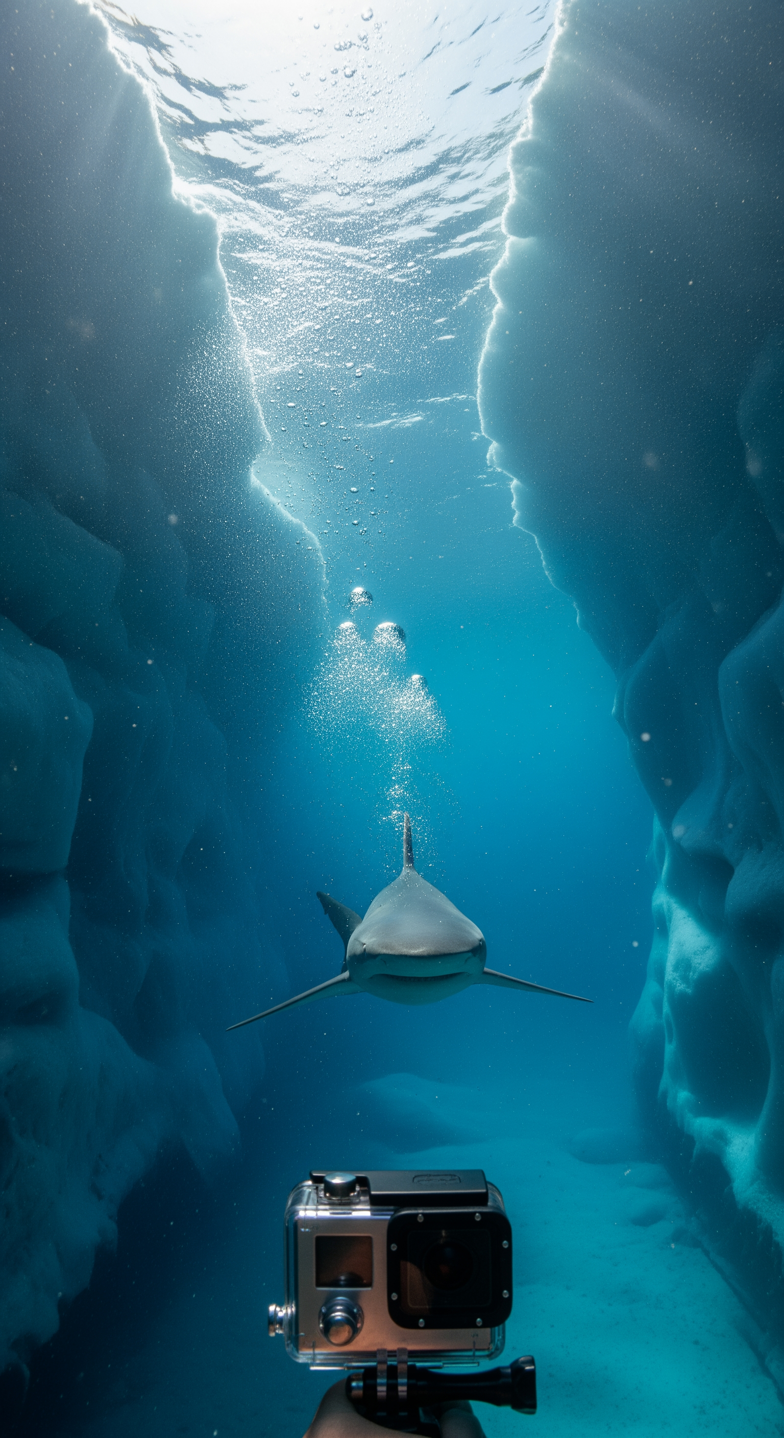 AI Design for Full first-person GoPro action camera perspective from the shark. Wide-angle lens distortion, subtle head movement, natural swimming motion. The shark navigates beneath vast sheets of ancient ice. Tiny bubbles drift upward. Light rays penetrate deep blue water, illuminating suspended particles. Environmental sounds include distant ice fractures and muffled underwater currents. The shark passes through narrow openings beneath towering ice walls. Realistic camera sway, immersive underwater exploration, documentary realism, growing suspense as visibility slowly decreases.
