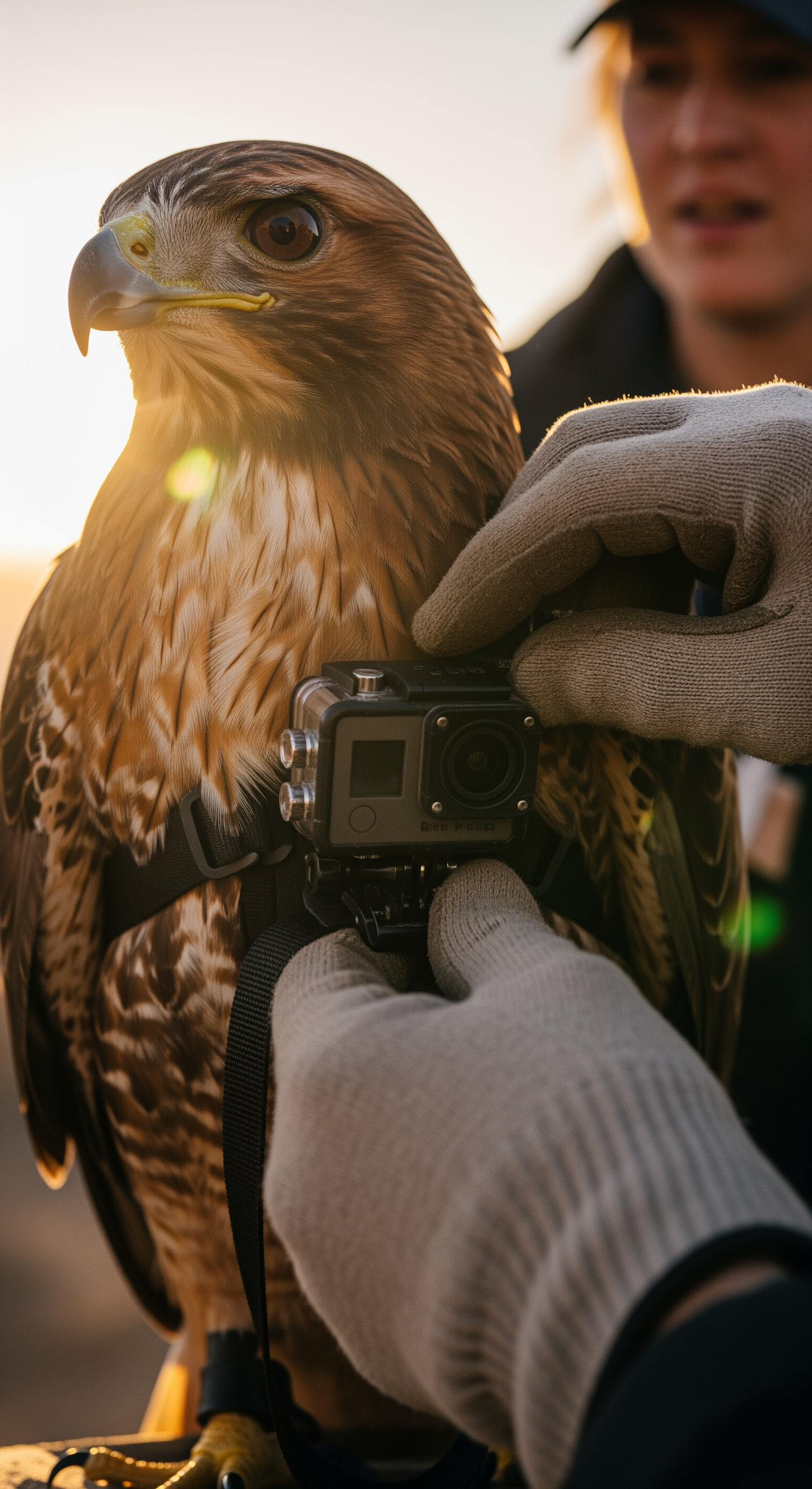 AI Design for Ultra-realistic cinematic wildlife documentary. Early morning at a remote desert research station on the rim of the Grand Canyon. A wildlife researcher carefully secures a small action camera onto the chest harness of a large hawk. Close-up shots of gloved hands tightening straps, feathers moving in the wind, blinking hawk eyes reflecting sunrise light. Natural handheld camera movement, shallow depth of field, realistic fabric and feather physics. Researchers quietly communicate in the background. Ambient sounds of wind, distant canyon echoes, equipment clicks, and bird calls. The hawk spreads its wings as the researcher gently releases it from an elevated platform. Dramatic takeoff toward the canyon. Volumetric sunlight, dynamic shadows, cinematic realism, documentary style.