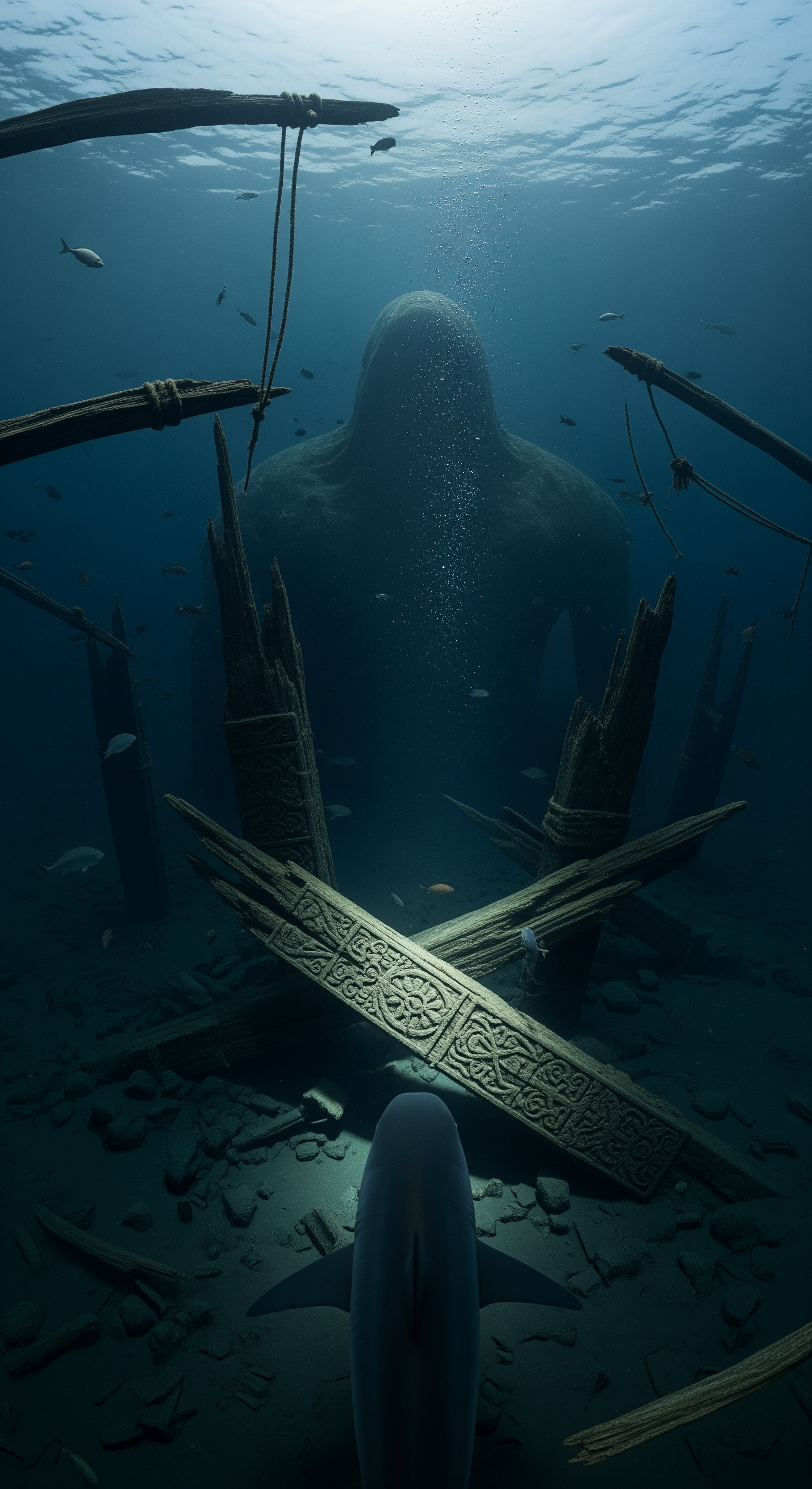 AI Design for The shark notices an unnatural shape far ahead in the darkness. First-person view slowly approaches a strange silhouette partially buried beneath centuries of ice and sediment. Broken wooden beams emerge from the seabed where no structure should exist. Fish avoid the area. Water becomes darker and eerily still. Floating debris appears impossibly preserved. Wide-angle GoPro distortion emphasizes scale and mystery. Volumetric light briefly reveals carved wooden details before fading again. Environmental storytelling suggests extreme age and hidden history. Tension sharply increases.