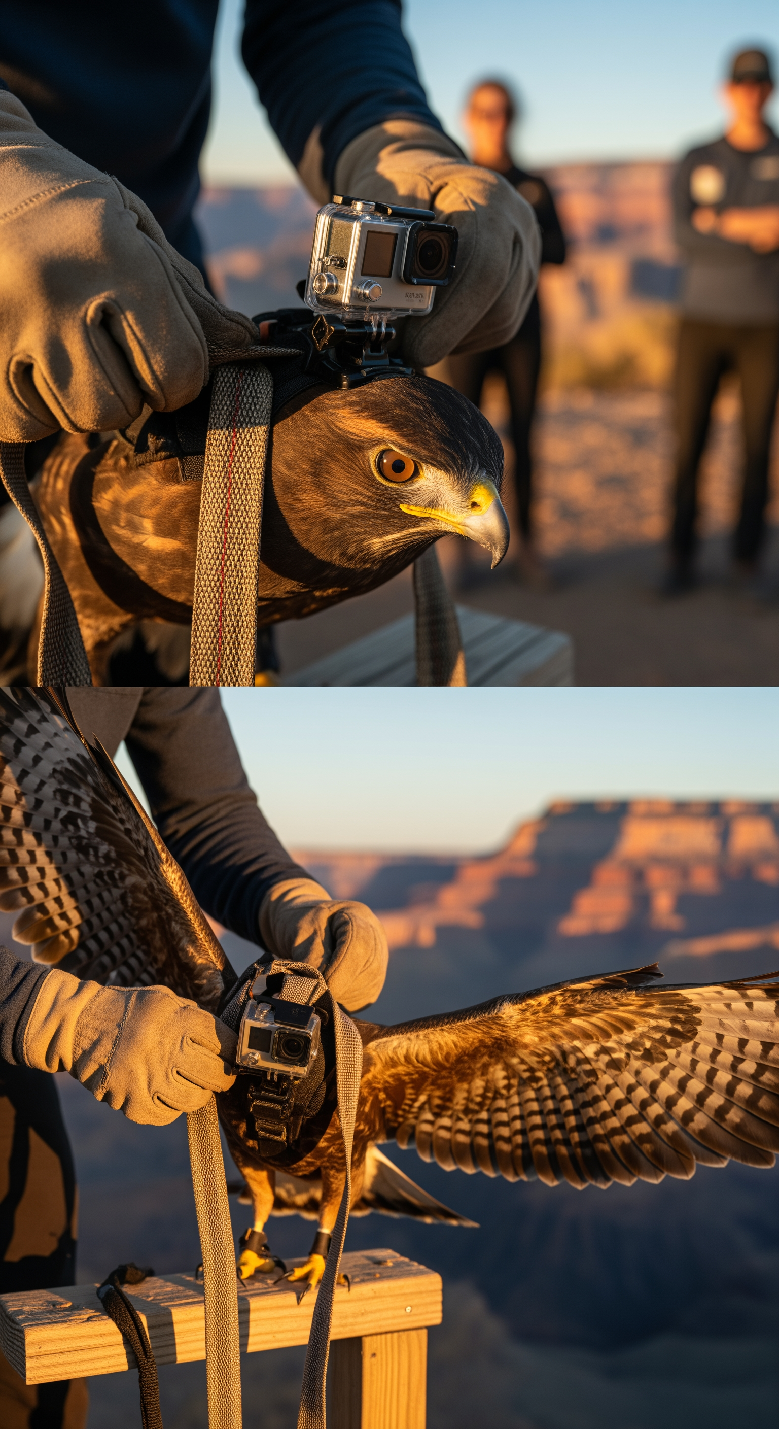 AI Design for Ultra-realistic cinematic wildlife documentary. Early morning at a remote desert research station on the rim of the Grand Canyon. A wildlife researcher carefully secures a small action camera onto the chest harness of a large hawk. Close-up shots of gloved hands tightening straps, feathers moving in the wind, blinking hawk eyes reflecting sunrise light. Natural handheld camera movement, shallow depth of field, realistic fabric and feather physics. Researchers quietly communicate in the background. Ambient sounds of wind, distant canyon echoes, equipment clicks, and bird calls. The hawk spreads its wings as the researcher gently releases it from an elevated platform. Dramatic takeoff toward the canyon. Volumetric sunlight, dynamic shadows, cinematic realism, documentary style.