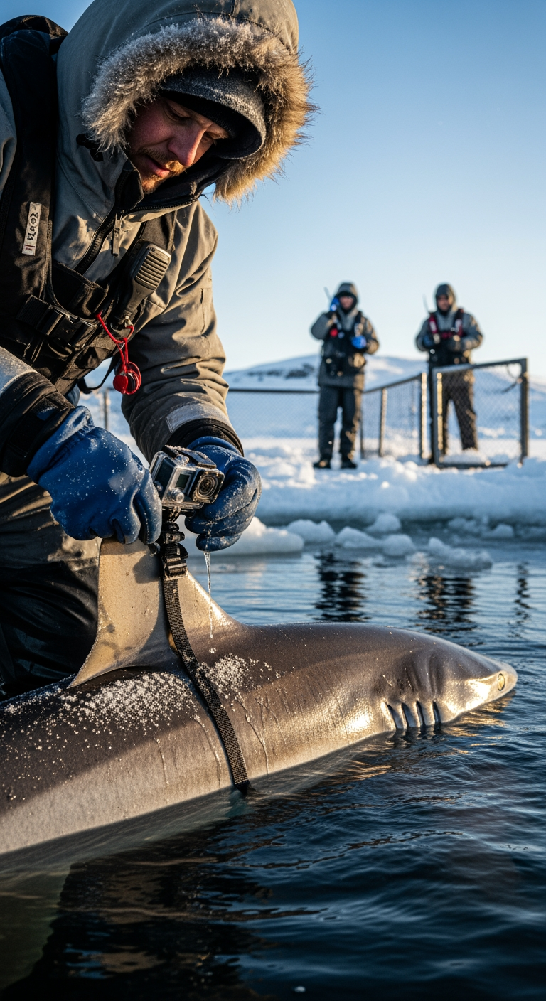 AI Design for Ultra realistic cinematic documentary footage at a remote Greenland Arctic research station beside a frozen fjord. A marine biologist wearing a heavy cold-weather suit carefully attaches a small action camera to the dorsal area of a large shark resting in a partially submerged holding enclosure. Extreme close-up shots of gloved hands tightening straps, frost particles blowing across metal equipment, water droplets freezing on the camera housing. Natural handheld camera movement, realistic breathing sounds, distant ice cracking, seabirds echoing in the background. Researchers communicate through radios while preparing the release. The shark slowly moves into open water as the gate opens. Cinematic environmental storytelling, dynamic shadows from low Arctic sunlight, volumetric light through drifting snow, realistic physics, suspenseful documentary atmosphere, ultra detailed 8K realism.