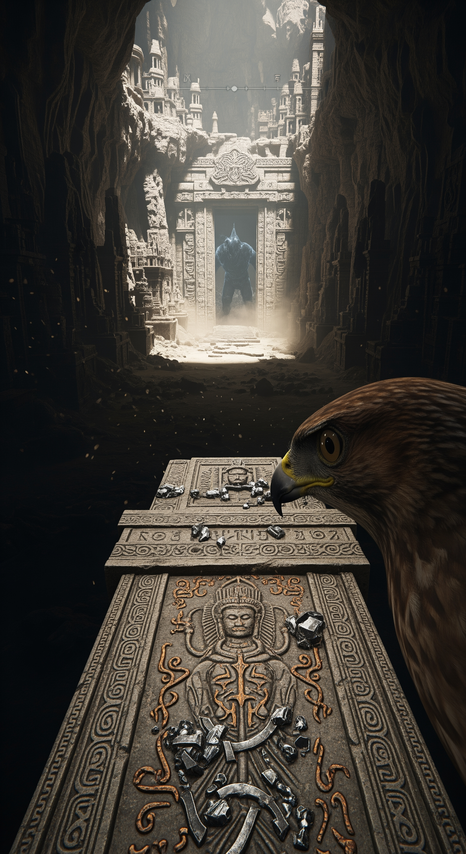 AI Design for Full first-person hawk perspective. The bird lands on a towering stone monument in the center of the ancient cave city. Close-up details reveal weathered carvings, mysterious symbols, and strange metallic fragments embedded in stone. Subtle camera sway as the hawk scans the environment. Suddenly, a distant section of the city emits a faint glow. Dust begins falling from above. A massive hidden stone doorway slowly starts opening deep within the darkness. Low rumbling vibrations echo through the cavern. Shadows move where nothing should be moving. The hawk turns toward the opening as an enormous unknown silhouette briefly appears inside. Abrupt cut to black at the peak of tension. Ultra-realistic cinematic documentary style, suspenseful cliffhanger ending.