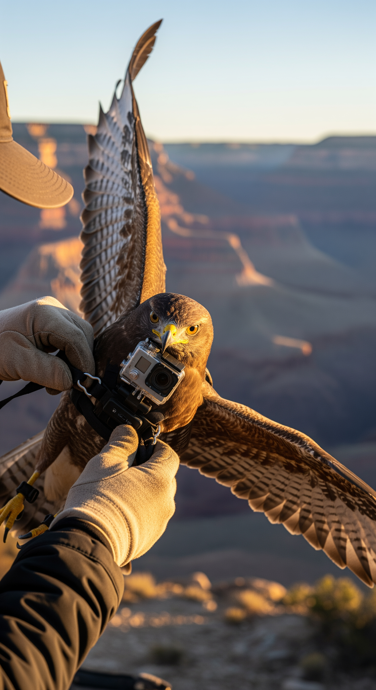 AI Design for Ultra-realistic cinematic wildlife documentary. Early morning at a remote desert research station on the rim of the Grand Canyon. A wildlife researcher carefully secures a small action camera onto the chest harness of a large hawk. Close-up shots of gloved hands tightening straps, feathers moving in the wind, blinking hawk eyes reflecting sunrise light. Natural handheld camera movement, shallow depth of field, realistic fabric and feather physics. Researchers quietly communicate in the background. Ambient sounds of wind, distant canyon echoes, equipment clicks, and bird calls. The hawk spreads its wings as the researcher gently releases it from an elevated platform. Dramatic takeoff toward the canyon. Volumetric sunlight, dynamic shadows, cinematic realism, documentary style.