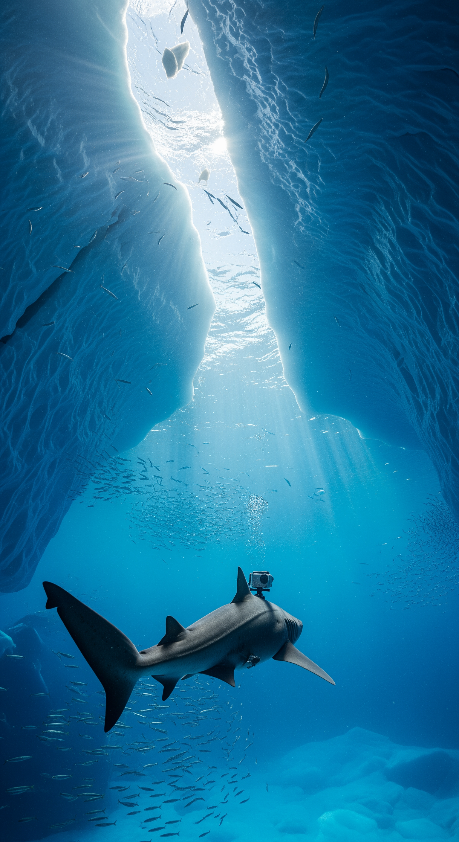 AI Design for Third-person cinematic tracking shot following the shark beneath thick Greenland sea ice. The newly attached camera is visible on its body. Massive blue ice formations hang overhead like frozen cathedrals. The shark glides deeper through crystal-clear Arctic water. Schools of fish scatter naturally. Sunlight filters through cracks in the ice, creating moving shafts of volumetric light. Slow cinematic drone-like underwater movement mixed with realistic underwater currents. Ice groans echo through the environment. Strong sense of scale, realistic aquatic physics, immersive nature documentary style, tension gradually building.