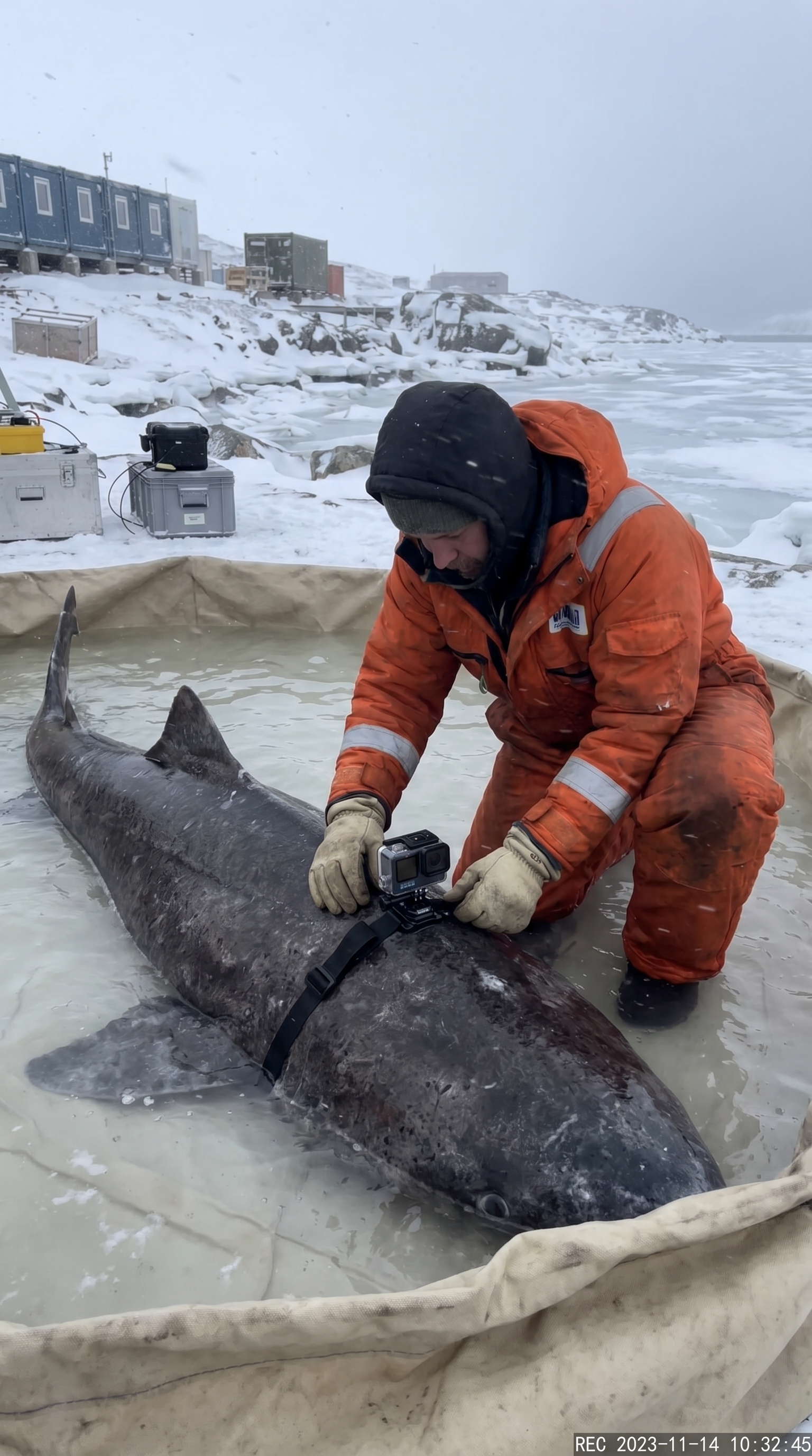 AI Design for Ultra realistic Arctic documentary footage at a remote Greenland research station beside a frozen fjord. A researcher wearing thick insulated gear carefully secures a compact waterproof action camera onto the dorsal area of a large Greenland shark resting in a shallow containment pool. Natural handheld camera movement captures close-up details of gloved hands tightening straps, frost crystals on equipment, shark skin texture, condensed breath in freezing air. Ambient sounds of wind, distant ice cracking, seabirds, sloshing water, radio chatter from scientists. The shark slowly moves as final safety checks are completed. The gate opens and the animal is released into dark Arctic water. Cinematic realism, dynamic shadows, volumetric sunlight through blowing snow, authentic documentary atmosphere, highly detailed environmental storytelling.