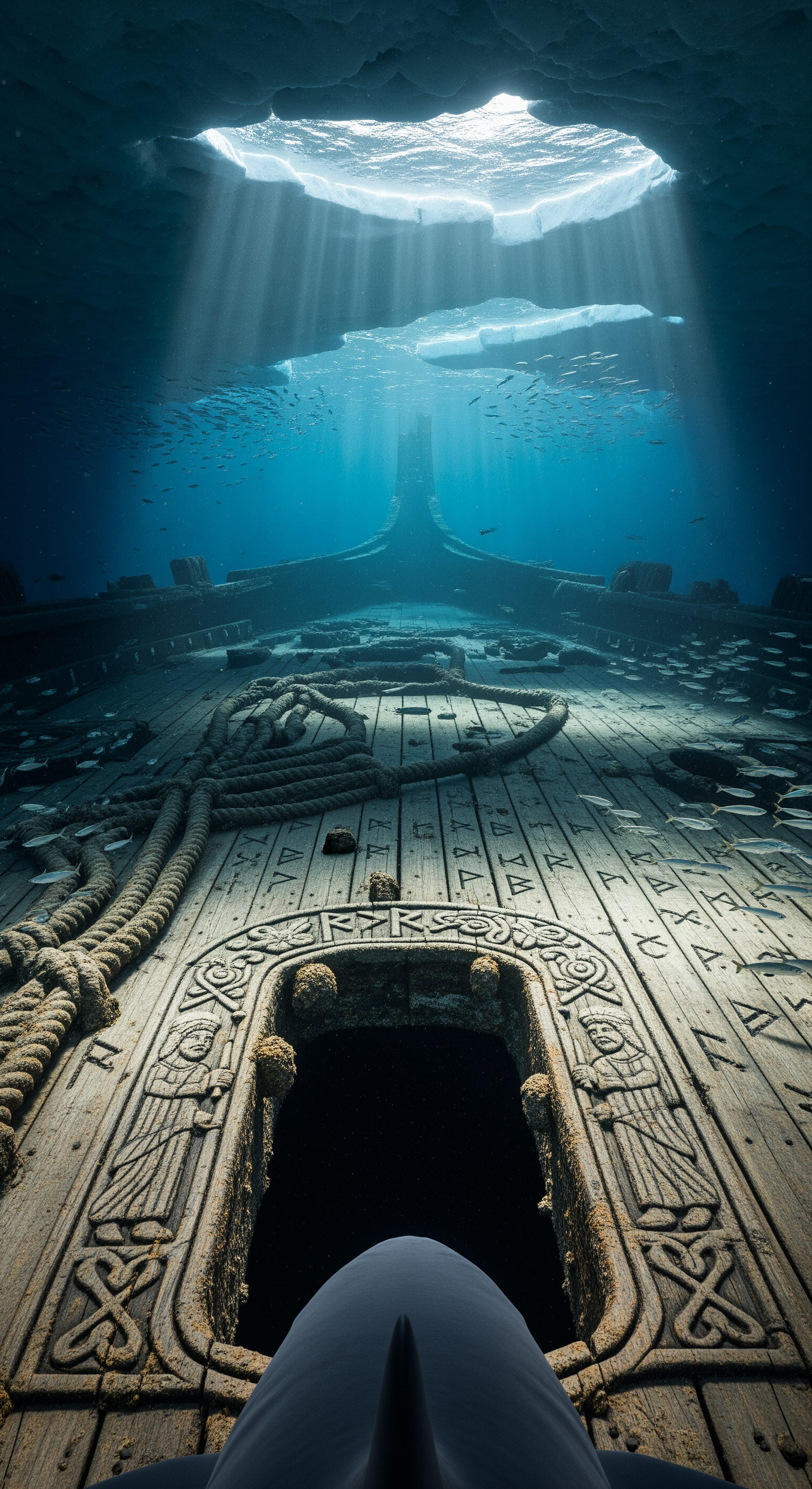 AI Design for The ancient shipwreck is fully revealed. A massive thousand-year-old vessel rests beneath the Greenland ice, astonishingly intact. First-person shark perspective circles the wreck. Detailed close-up passes along weathered wooden planks, ancient carvings, frozen ropes, and mysterious symbols preserved by the Arctic cold. Light beams penetrate cracks in the ice above, casting moving shadows across the ship. Realistic underwater physics, drifting sediment clouds, subtle camera sway, cinematic discovery moment. The shark moves toward a large opening in the hull where complete darkness waits inside.