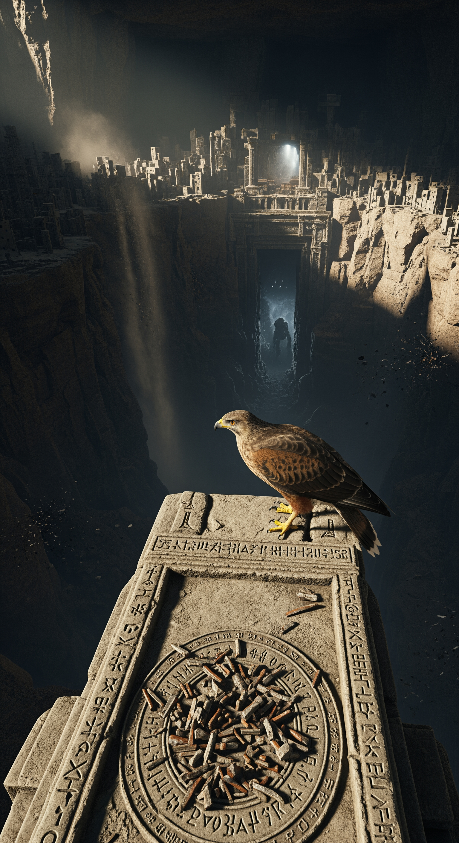 AI Design for Full first-person hawk perspective. The bird lands on a towering stone monument in the center of the ancient cave city. Close-up details reveal weathered carvings, mysterious symbols, and strange metallic fragments embedded in stone. Subtle camera sway as the hawk scans the environment. Suddenly, a distant section of the city emits a faint glow. Dust begins falling from above. A massive hidden stone doorway slowly starts opening deep within the darkness. Low rumbling vibrations echo through the cavern. Shadows move where nothing should be moving. The hawk turns toward the opening as an enormous unknown silhouette briefly appears inside. Abrupt cut to black at the peak of tension. Ultra-realistic cinematic documentary style, suspenseful cliffhanger ending.