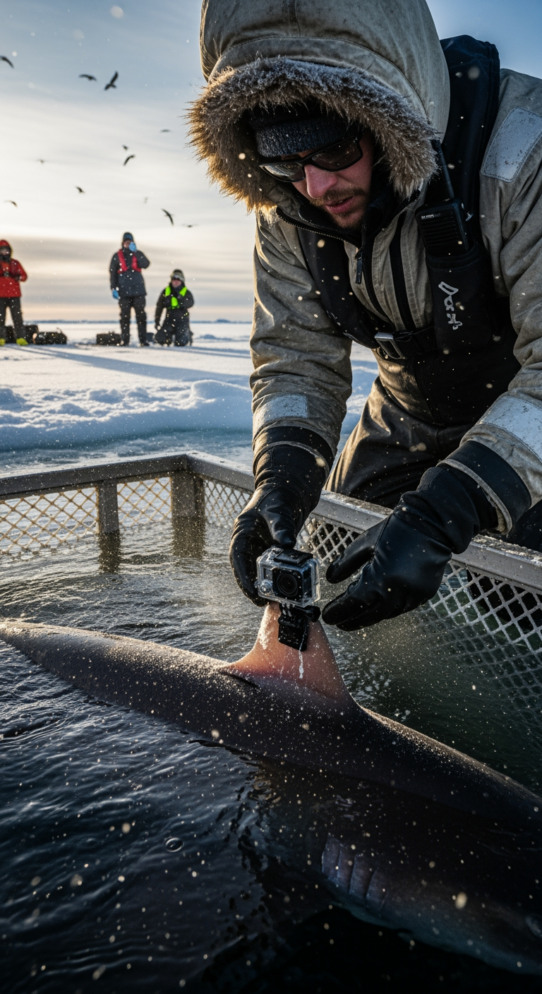 AI Design for Ultra realistic cinematic documentary footage at a remote Greenland Arctic research station beside a frozen fjord. A marine biologist wearing a heavy cold-weather suit carefully attaches a small action camera to the dorsal area of a large shark resting in a partially submerged holding enclosure. Extreme close-up shots of gloved hands tightening straps, frost particles blowing across metal equipment, water droplets freezing on the camera housing. Natural handheld camera movement, realistic breathing sounds, distant ice cracking, seabirds echoing in the background. Researchers communicate through radios while preparing the release. The shark slowly moves into open water as the gate opens. Cinematic environmental storytelling, dynamic shadows from low Arctic sunlight, volumetric light through drifting snow, realistic physics, suspenseful documentary atmosphere, ultra detailed 8K realism.