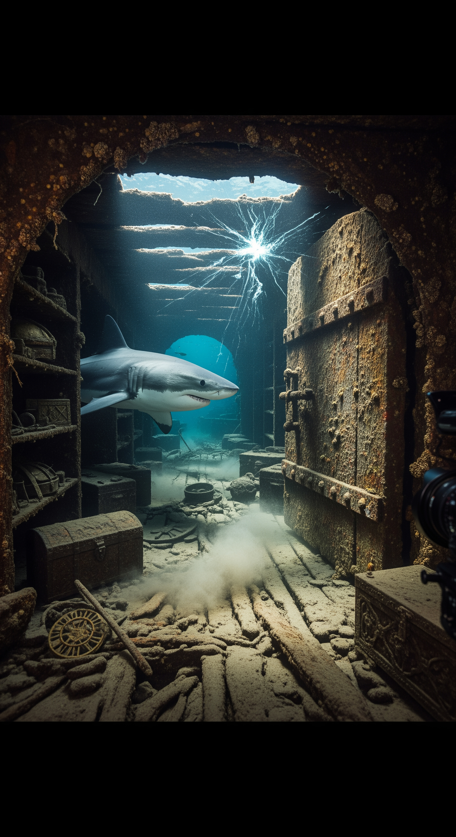 AI Design for The shark enters the wreck through the broken hull. Narrow corridors filled with preserved artifacts appear in the beam of filtered light. Ancient objects lie untouched for centuries. Suddenly a deep vibration echoes through the structure. Sediment erupts from the floor. The shark turns toward a hidden chamber where a massive sealed wooden door begins to slowly open on its own. Inside, a faint unnatural glow emerges from complete darkness. The camera approaches cautiously. Just before revealing what is inside, a violent ice crack shakes the entire wreck, the image distorts, visibility vanishes into swirling debris, and the footage cuts to black. Extreme suspense, realistic motion, immersive documentary style, cinematic cliffhanger ending.
