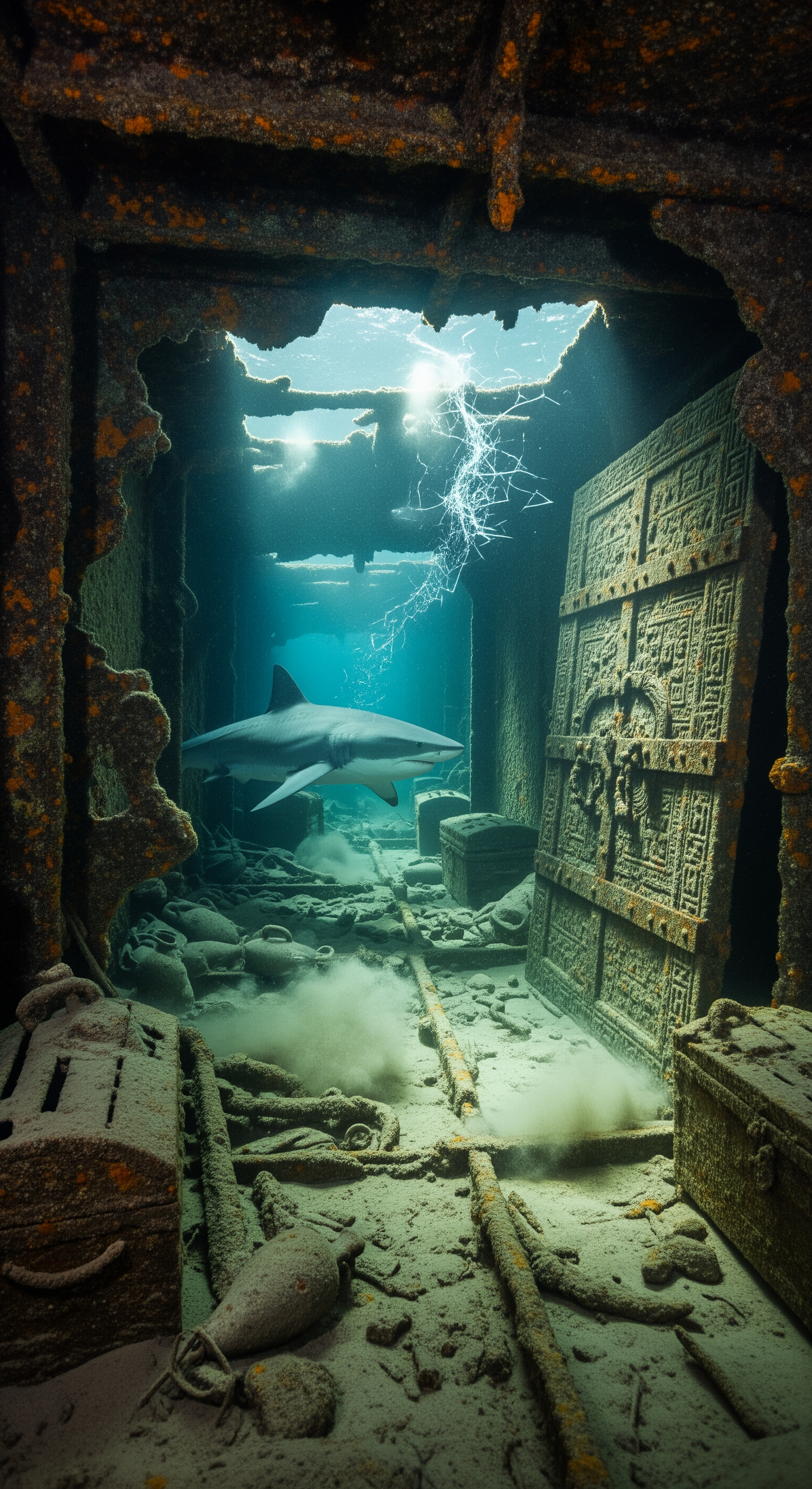AI Design for The shark enters the wreck through the broken hull. Narrow corridors filled with preserved artifacts appear in the beam of filtered light. Ancient objects lie untouched for centuries. Suddenly a deep vibration echoes through the structure. Sediment erupts from the floor. The shark turns toward a hidden chamber where a massive sealed wooden door begins to slowly open on its own. Inside, a faint unnatural glow emerges from complete darkness. The camera approaches cautiously. Just before revealing what is inside, a violent ice crack shakes the entire wreck, the image distorts, visibility vanishes into swirling debris, and the footage cuts to black. Extreme suspense, realistic motion, immersive documentary style, cinematic cliffhanger ending.