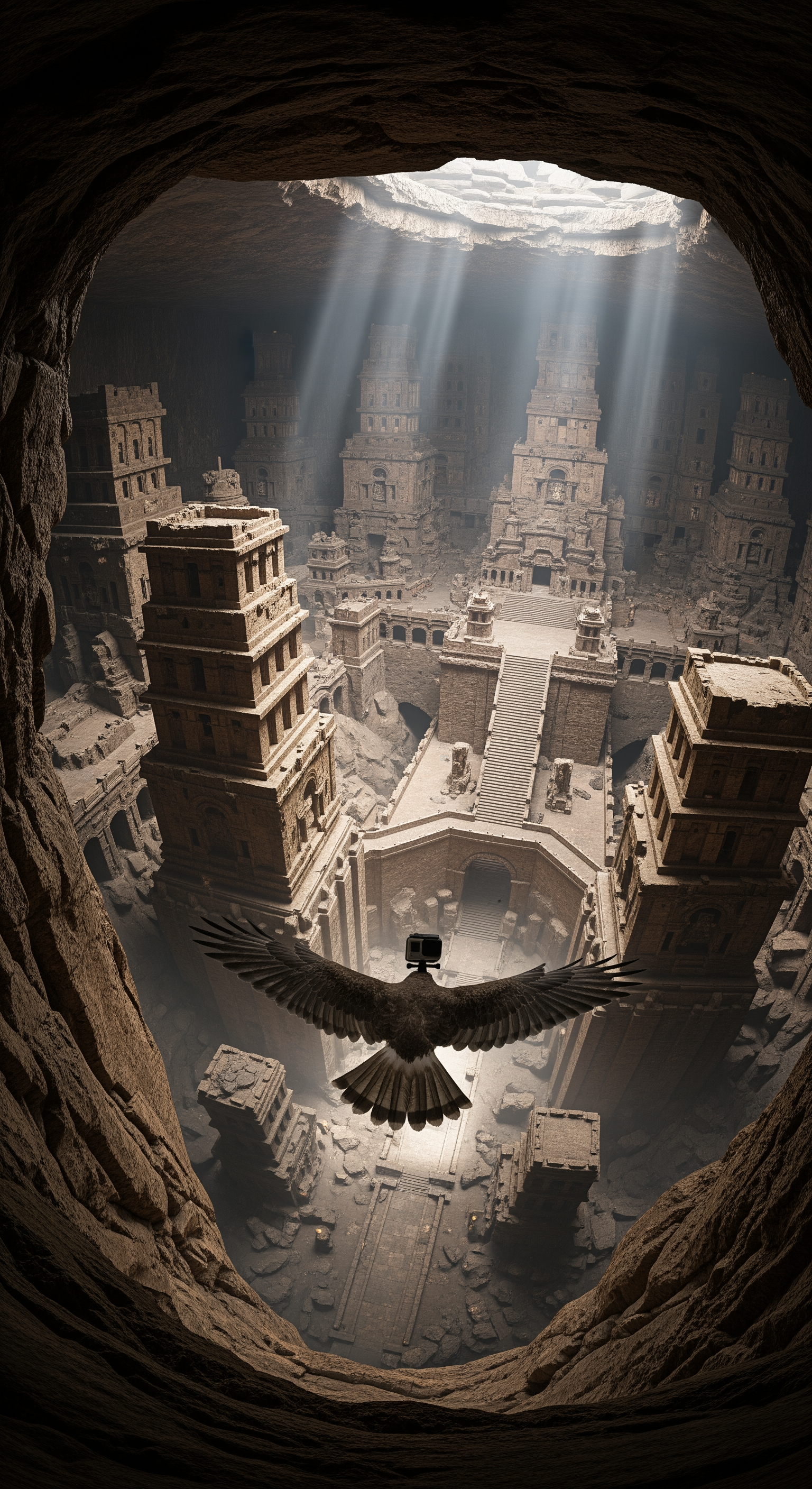 AI Design for Full first-person hawk GoPro perspective. The hawk flies directly through the concealed entrance into a colossal underground cave city. Vast stone towers, bridges, terraces, and forgotten plazas stretch into darkness. Wide-angle lens exaggerates scale and speed. Light rays illuminate ancient architecture covered with centuries of dust. The camera glides between gigantic structures. Small rock fragments fall naturally from ceilings. Echoes bounce through enormous chambers. Realistic physics, immersive documentary style. The scale of the lost civilization becomes fully visible for the first time, creating a breathtaking reveal.