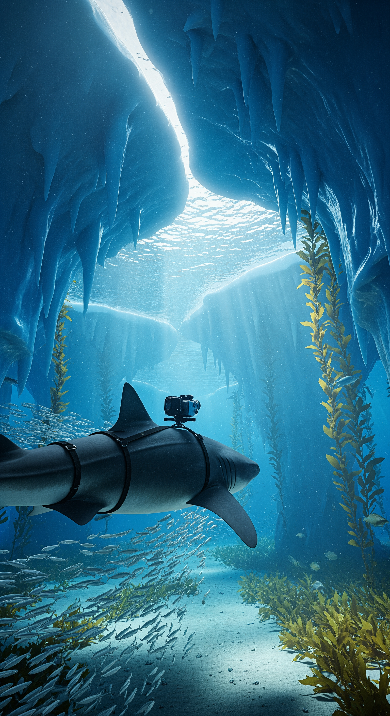 AI Design for Third-person cinematic tracking shot following the shark beneath thick Greenland sea ice. The newly attached camera is visible on its body. Massive blue ice formations hang overhead like frozen cathedrals. The shark glides deeper through crystal-clear Arctic water. Schools of fish scatter naturally. Sunlight filters through cracks in the ice, creating moving shafts of volumetric light. Slow cinematic drone-like underwater movement mixed with realistic underwater currents. Ice groans echo through the environment. Strong sense of scale, realistic aquatic physics, immersive nature documentary style, tension gradually building.